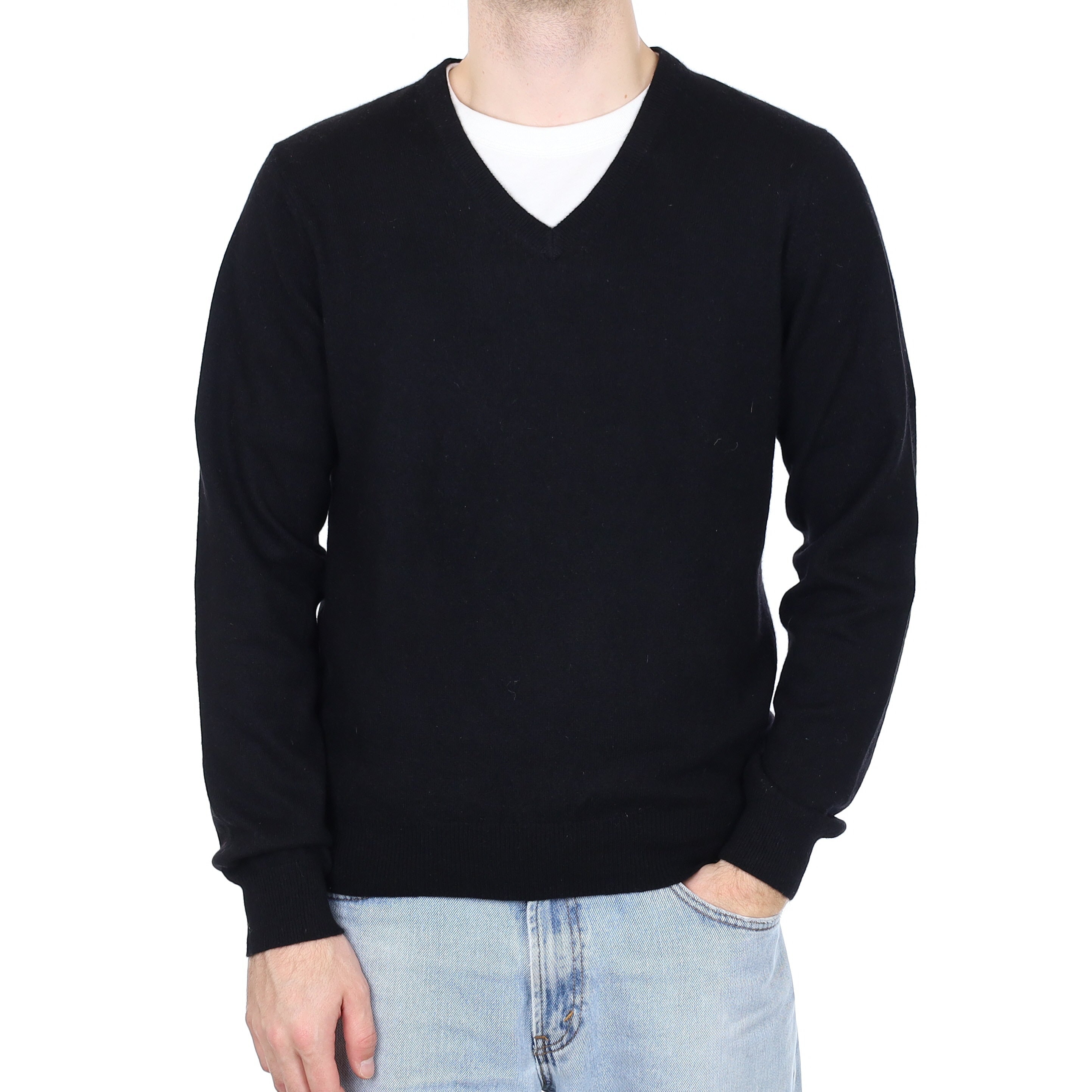 Men's Black Cashmere V Neck Jumper Medium