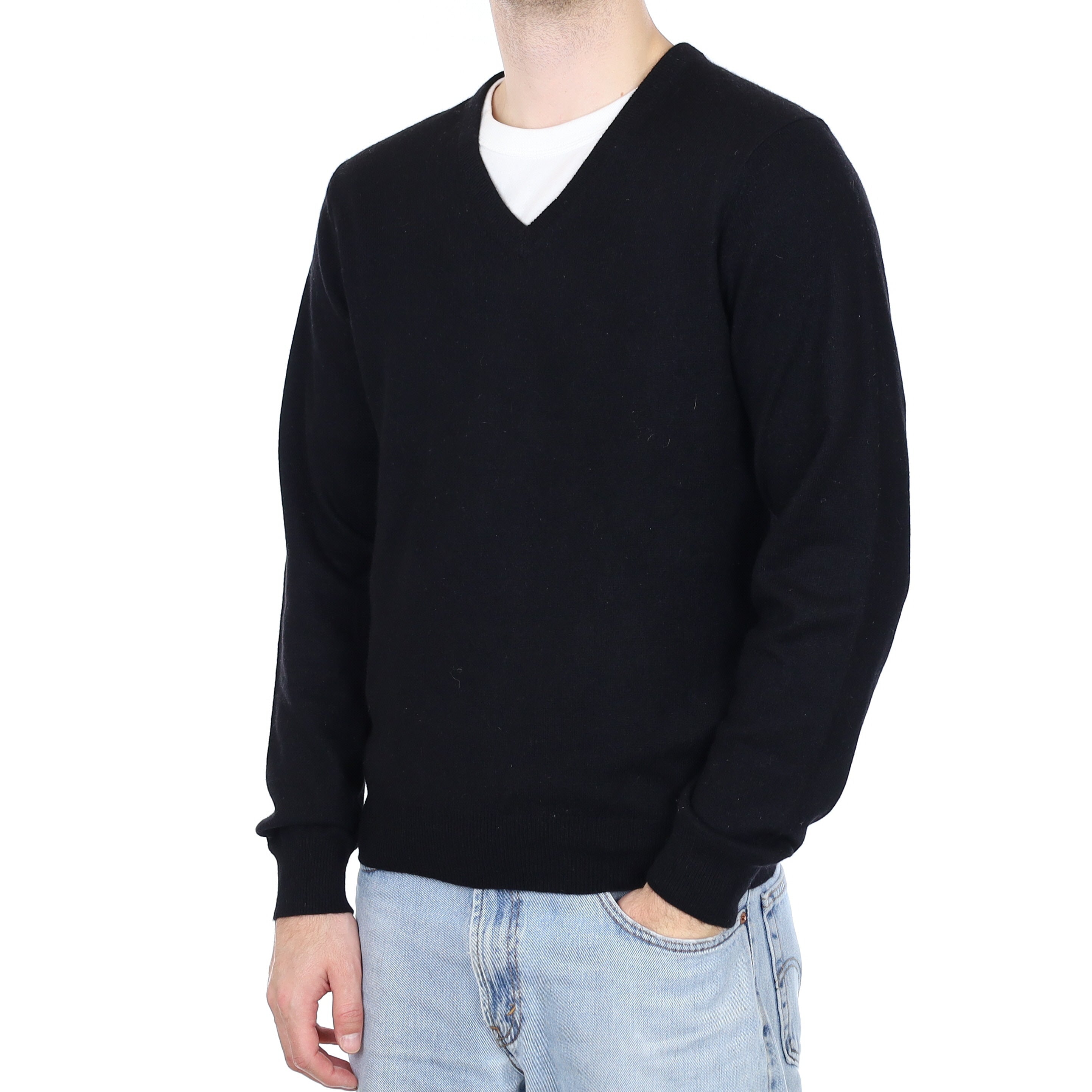 Men's Black Cashmere V Neck Jumper Medium