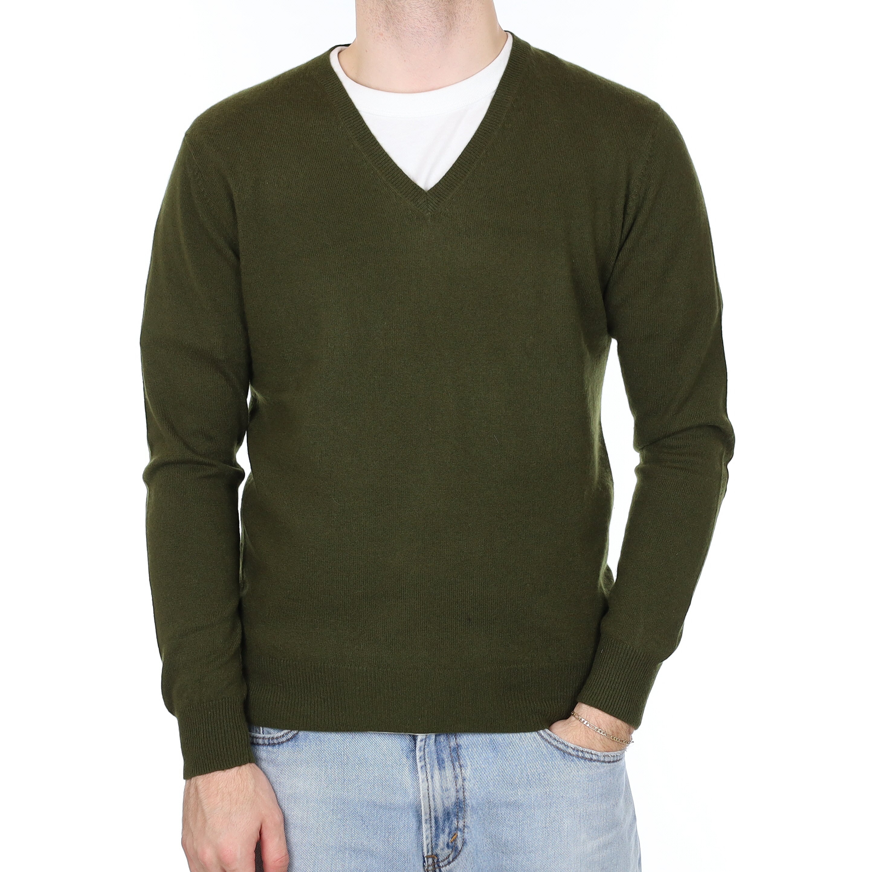 Men's Khaki Green Cashmere V Neck Jumper With Elbow Patches Medium