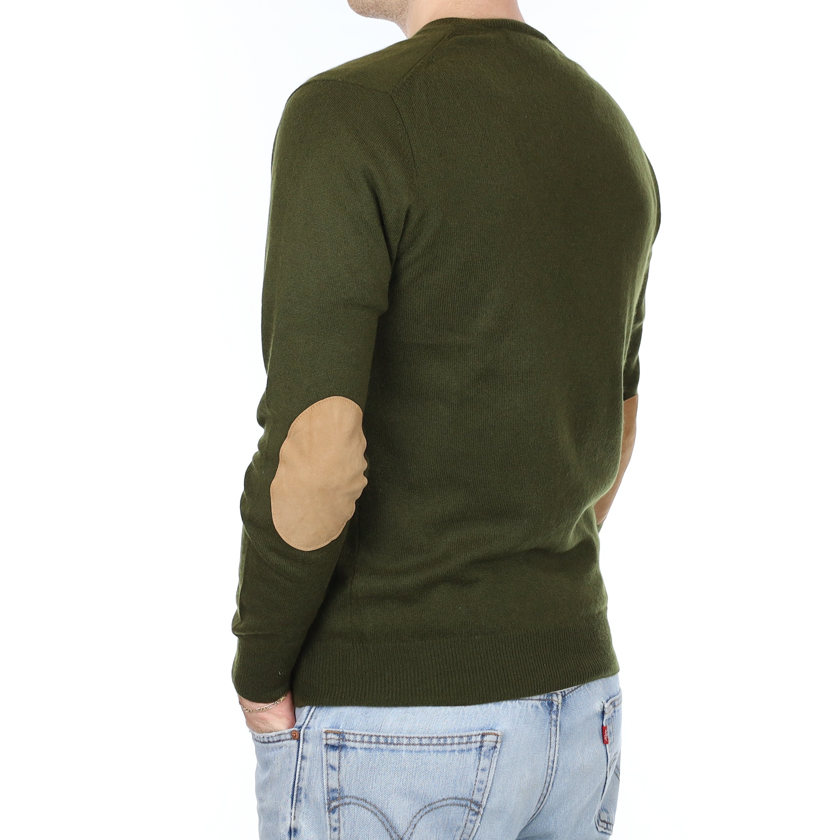 Men's Khaki Green Cashmere V Neck Jumper With Elbow Patches Medium