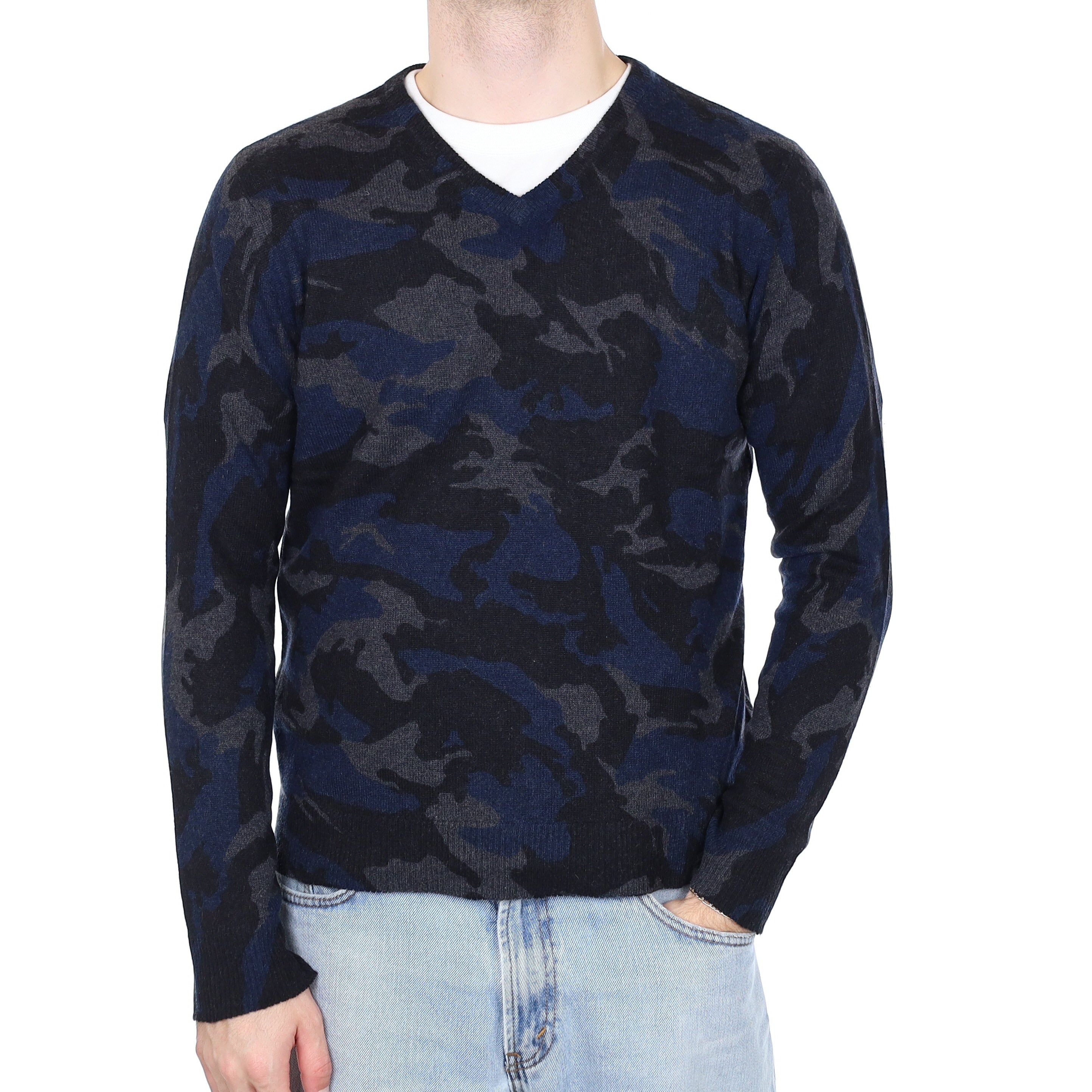 Men's Zadig & Voltaire Grey and Blue Camouflage Cashmere V Neck Jumper Medium