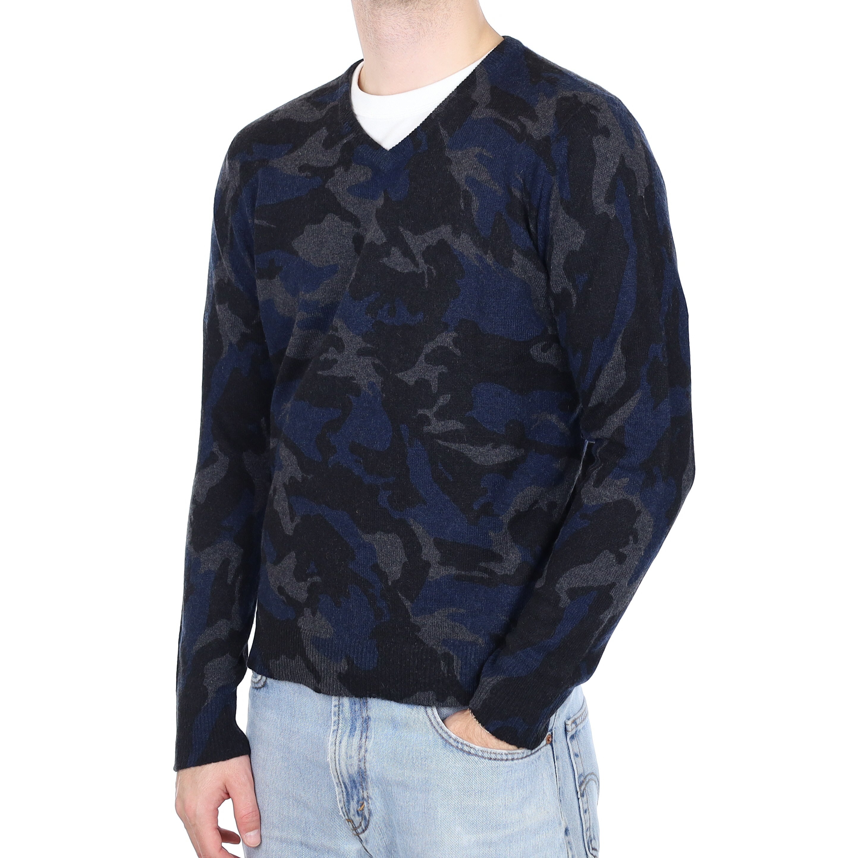 Men's Zadig & Voltaire Grey and Blue Camouflage Cashmere V Neck Jumper Medium