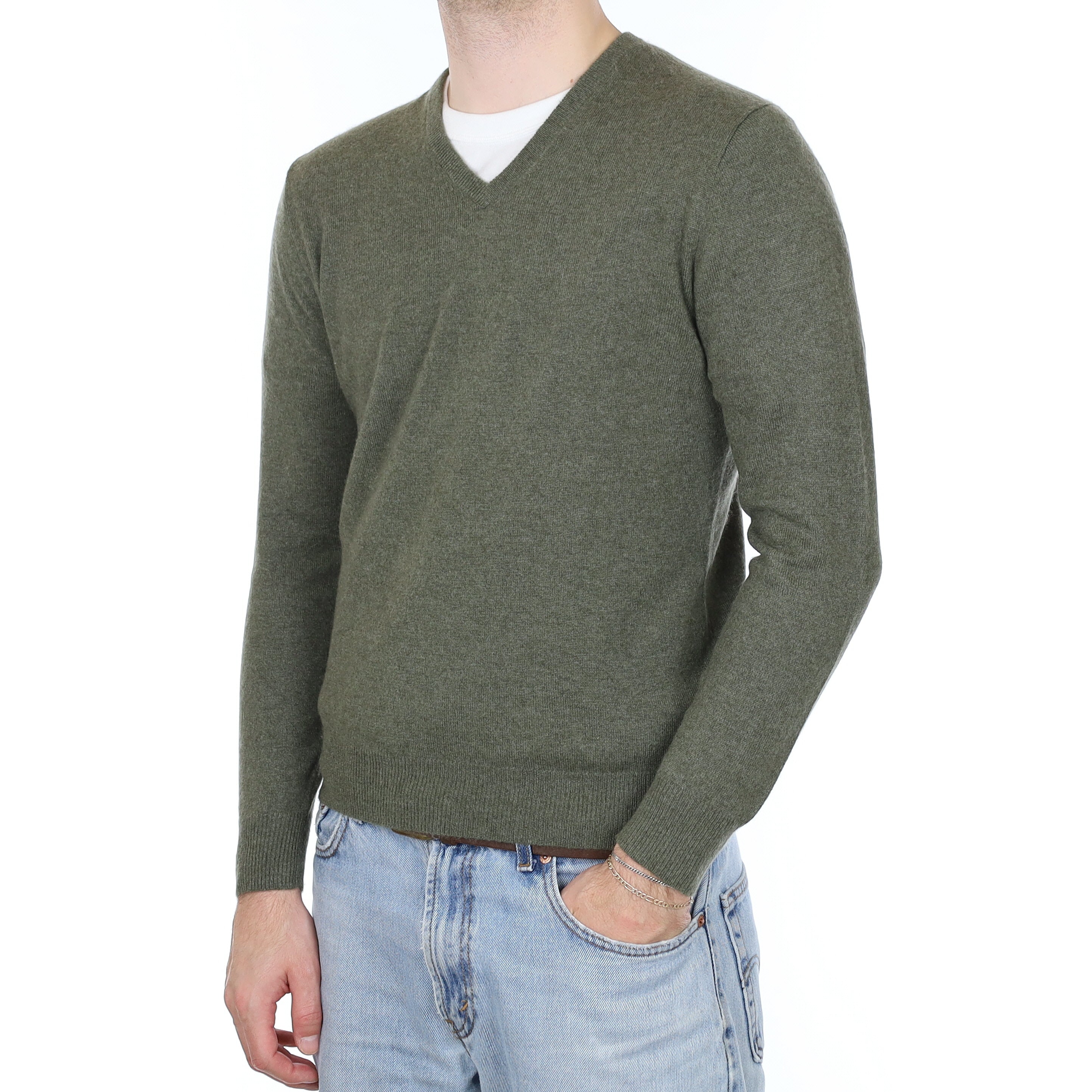 Men's Olive Green Cashmere V Neck Jumper Medium