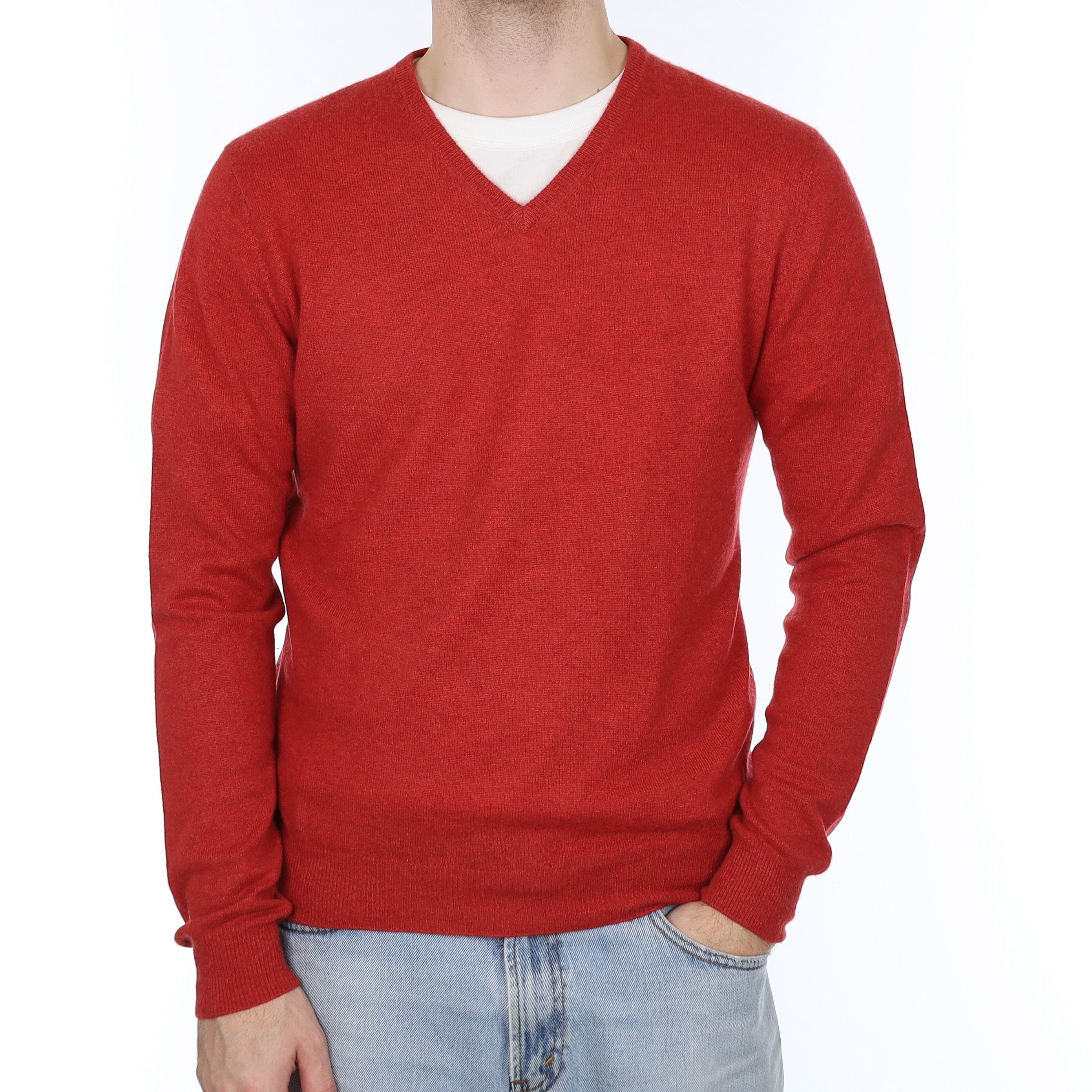 Men's Yorn Paprika Red Cashmere V Neck Jumper Large