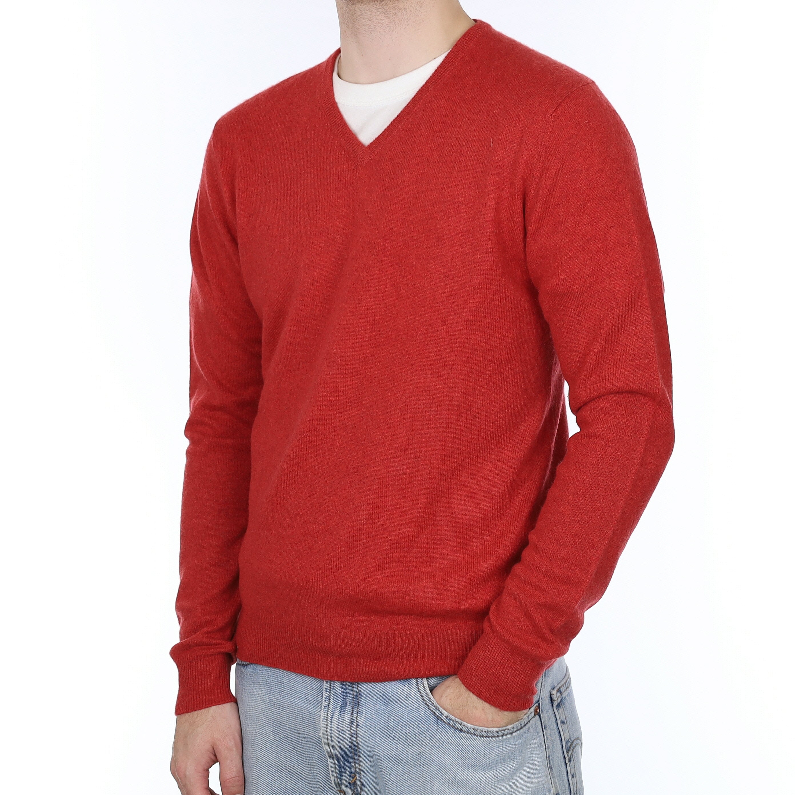 Men's Yorn Paprika Red Cashmere V Neck Jumper Large