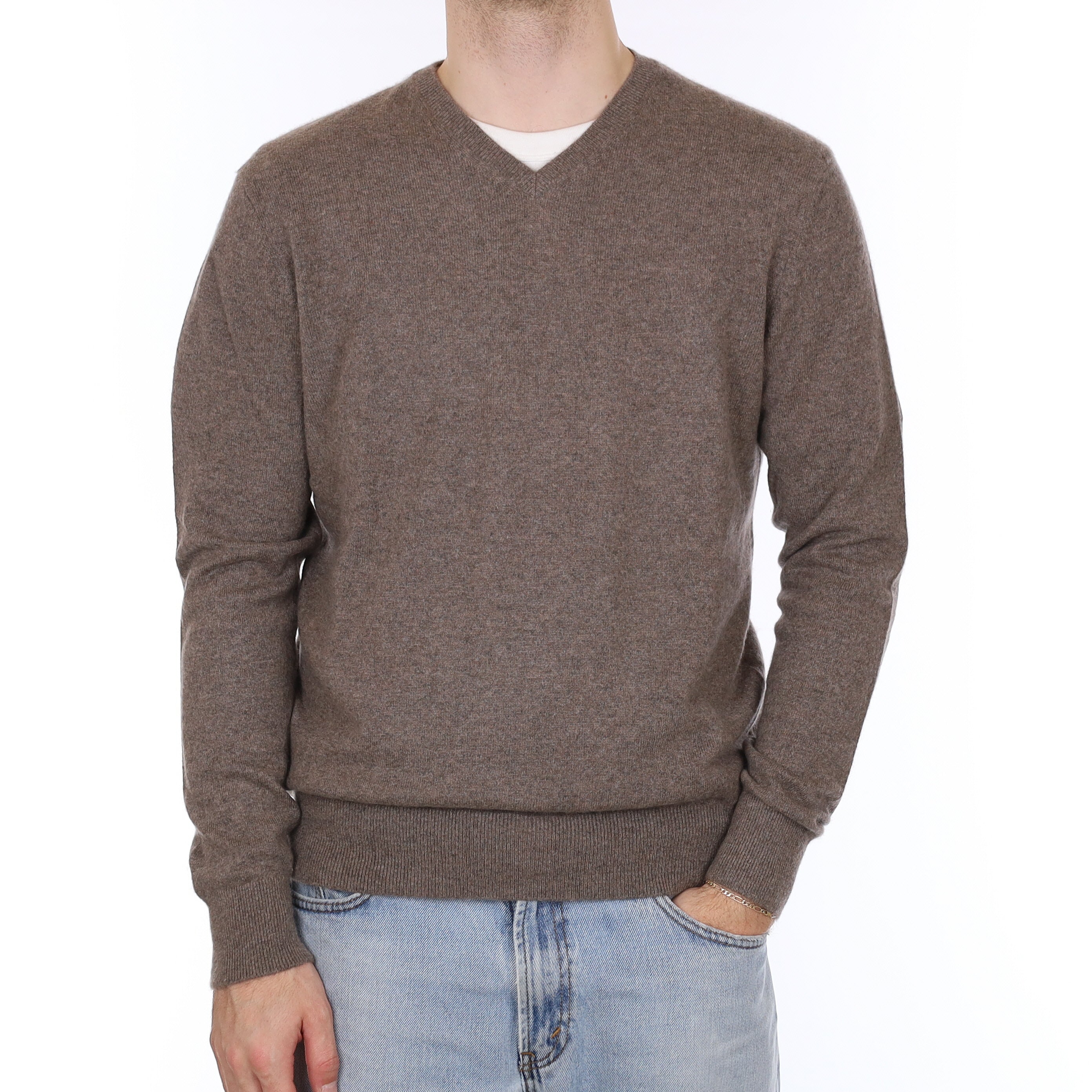 Men's Mocha Brown Cashmere V Neck Jumper Large