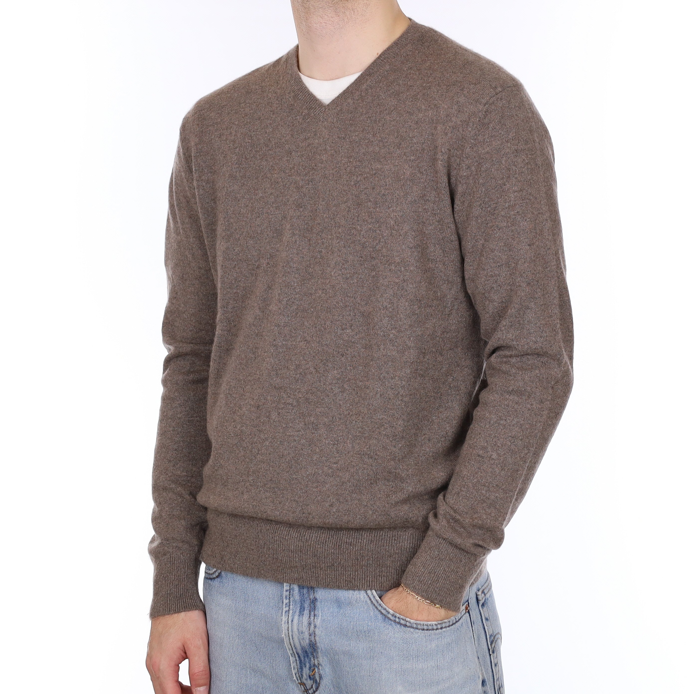 Men's Mocha Brown Cashmere V Neck Jumper Large