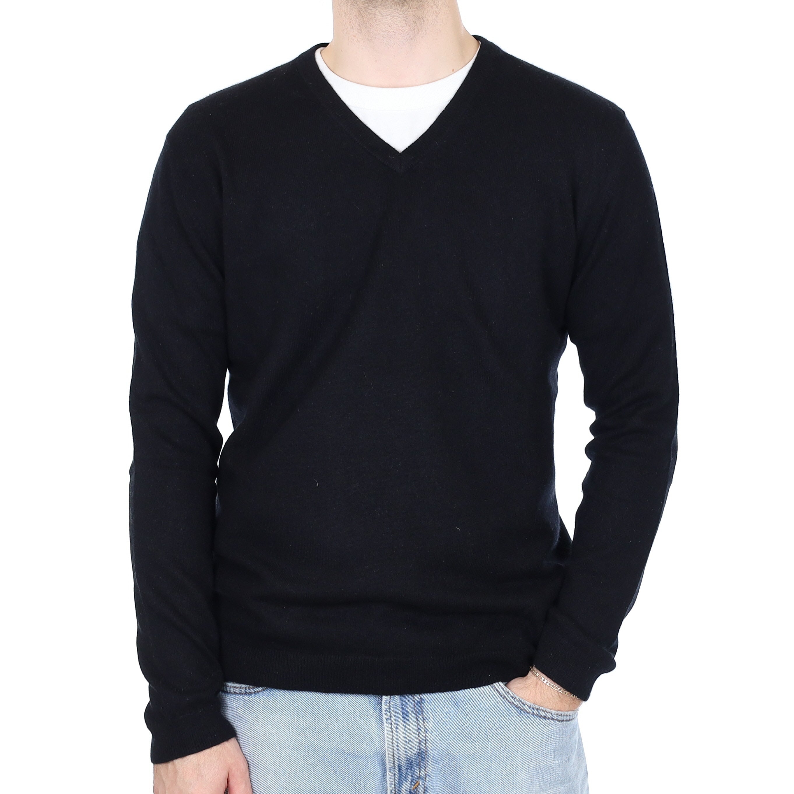 Men's Black Cashmere V Neck Jumper Large