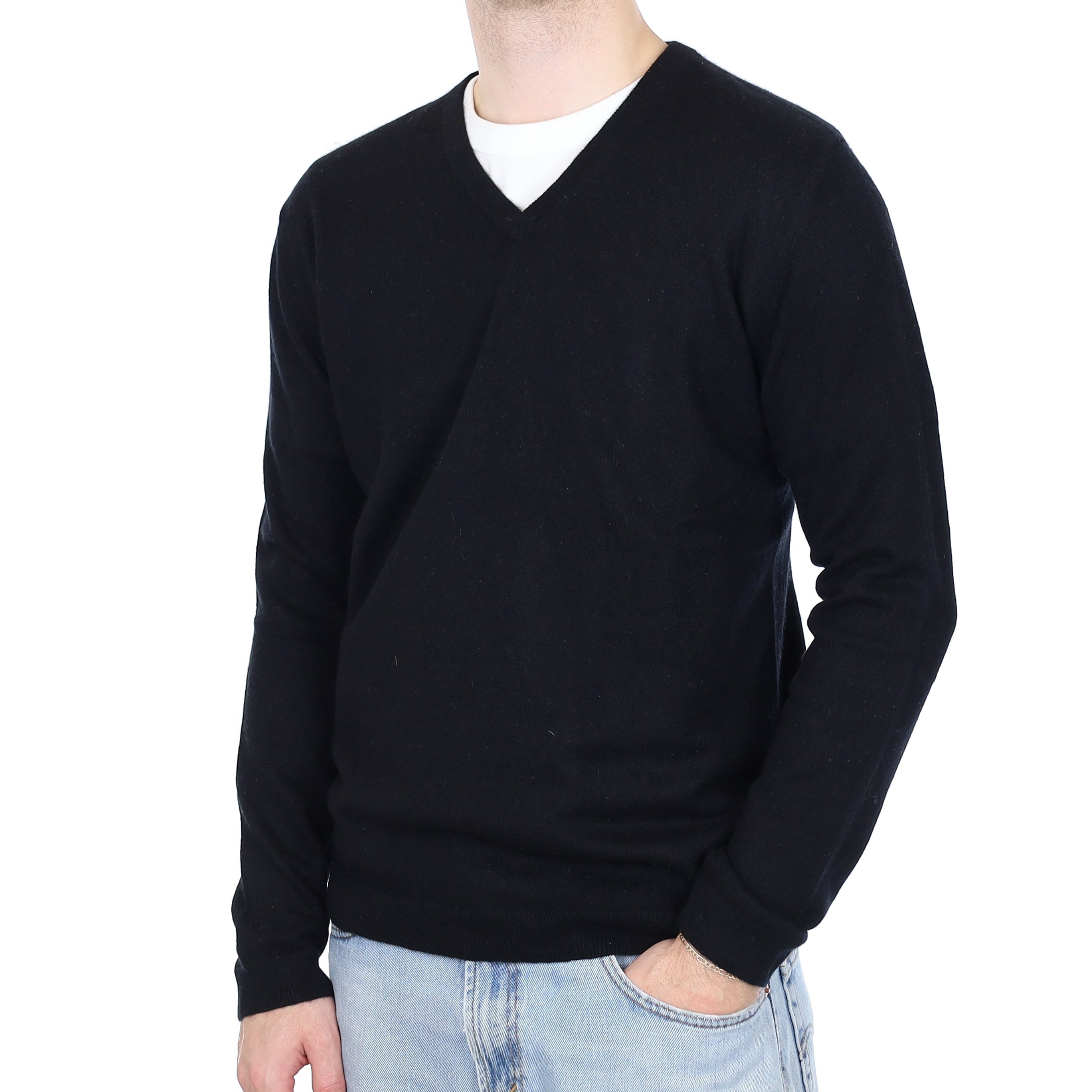 Men's Black Cashmere V Neck Jumper Large