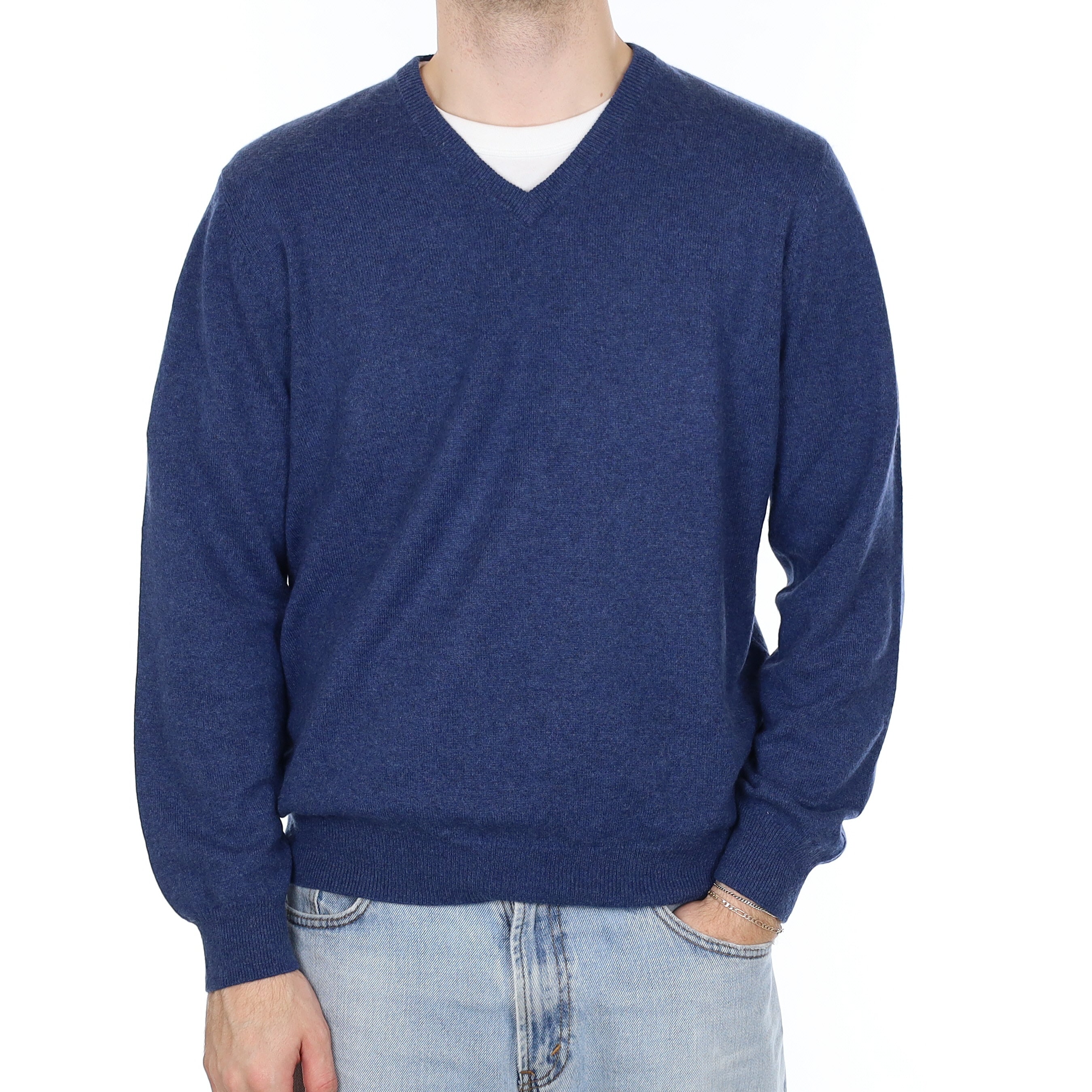 Men's Deep Ocean Blue Cashmere V Neck Jumper Large