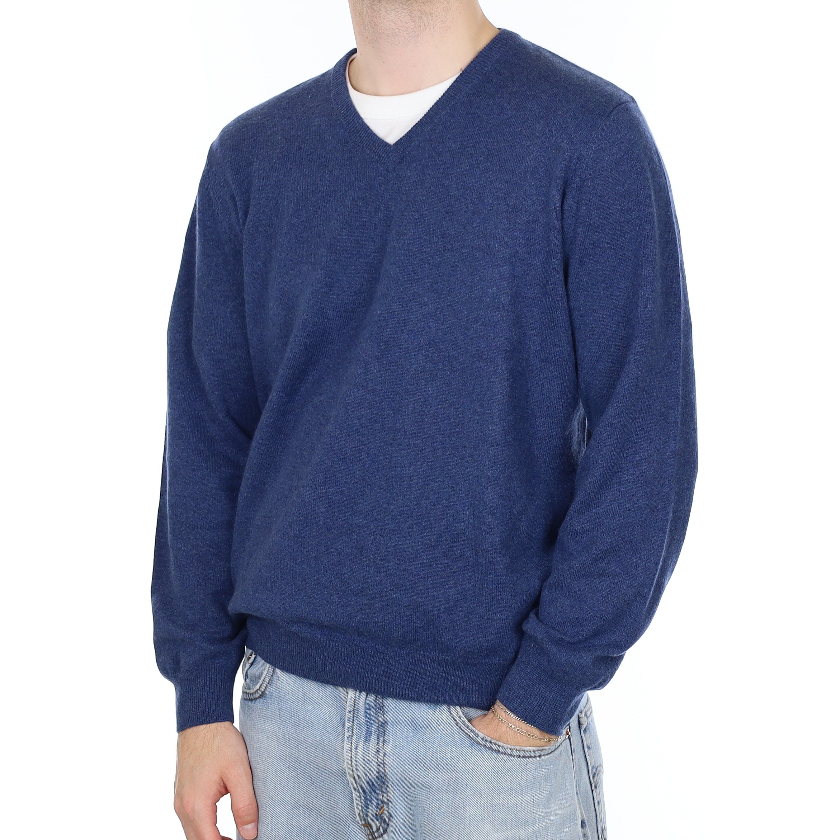 Men's Deep Ocean Blue Cashmere V Neck Jumper Large