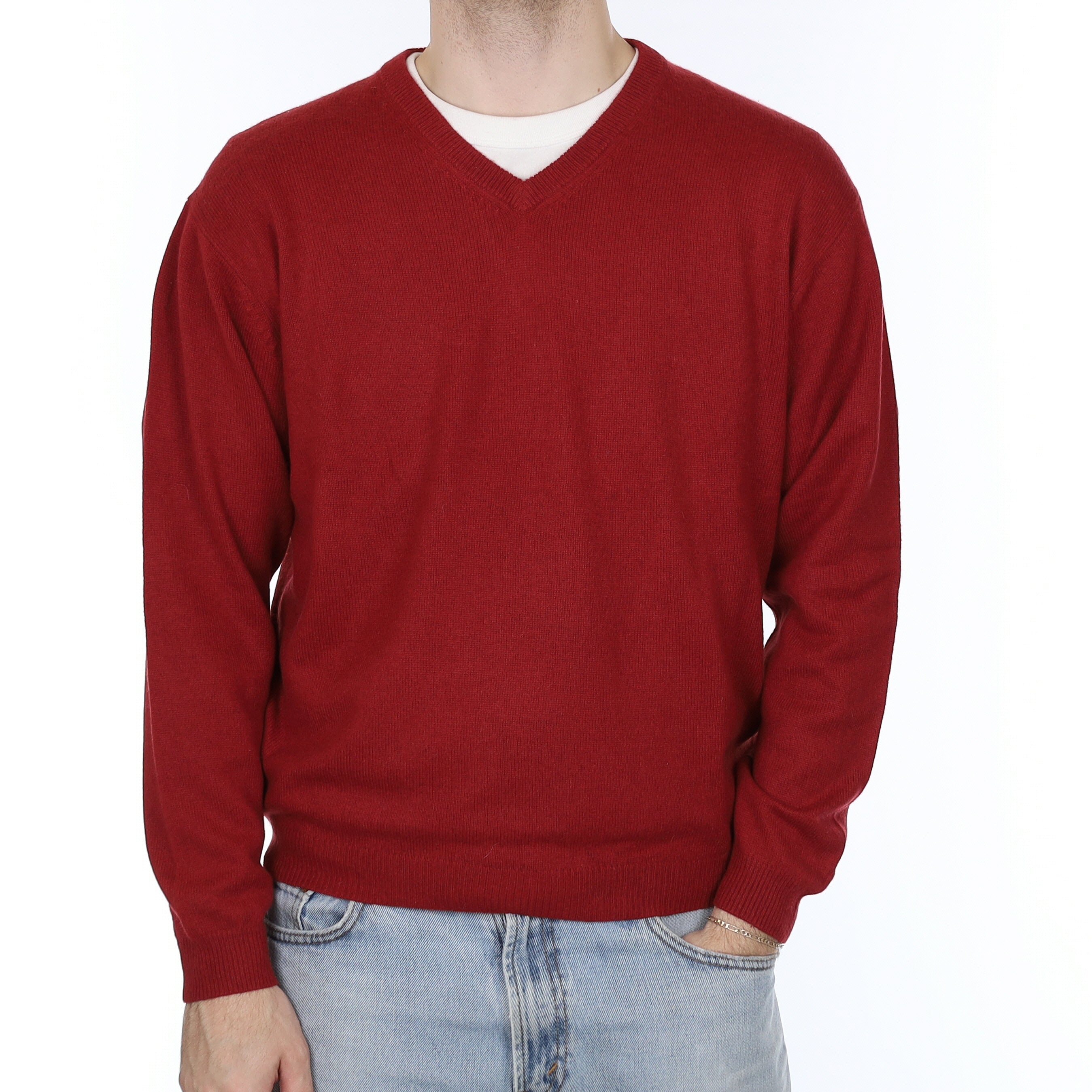 Men's Crimson Red Cashmere V Neck Jumper Large