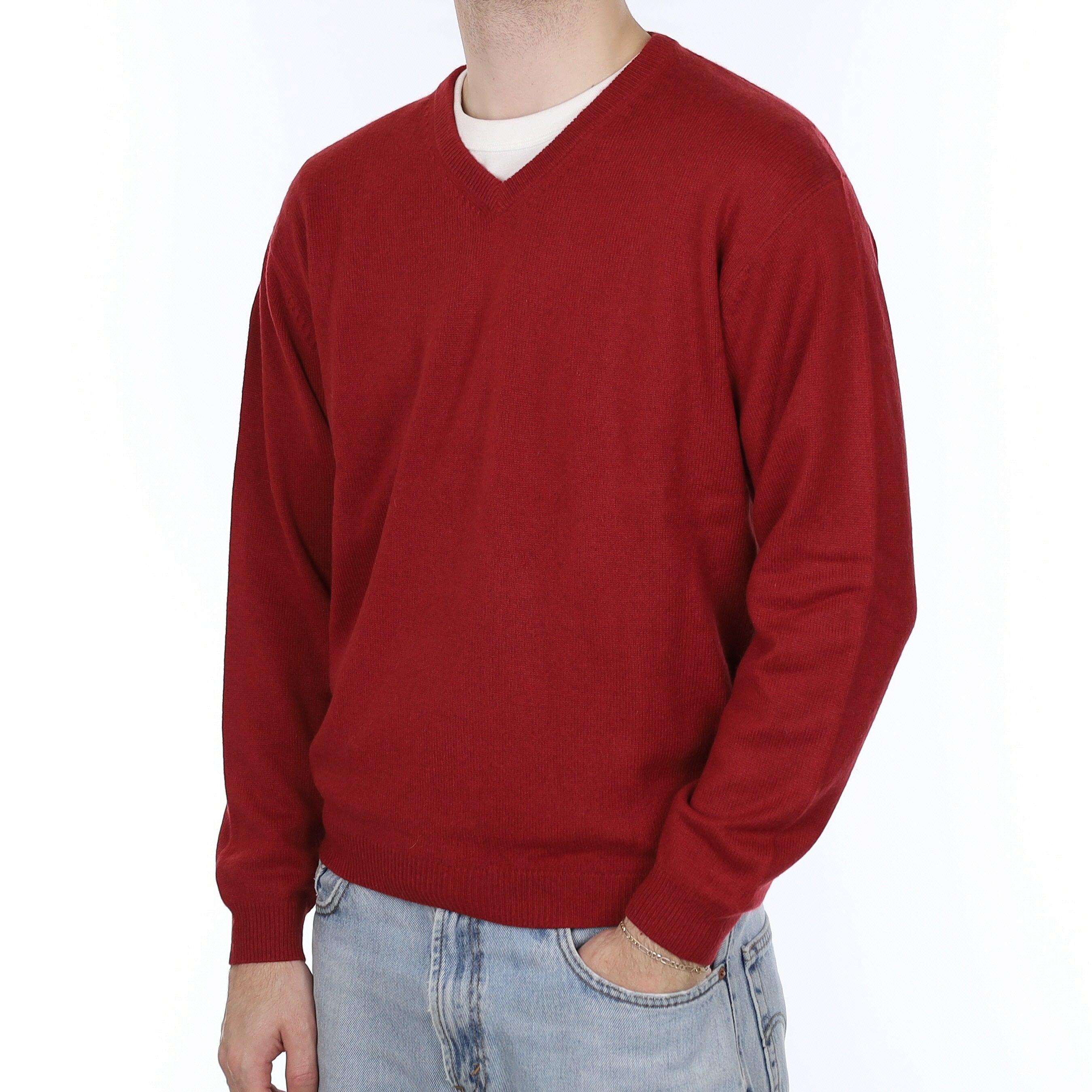 Men's Crimson Red Cashmere V Neck Jumper Large