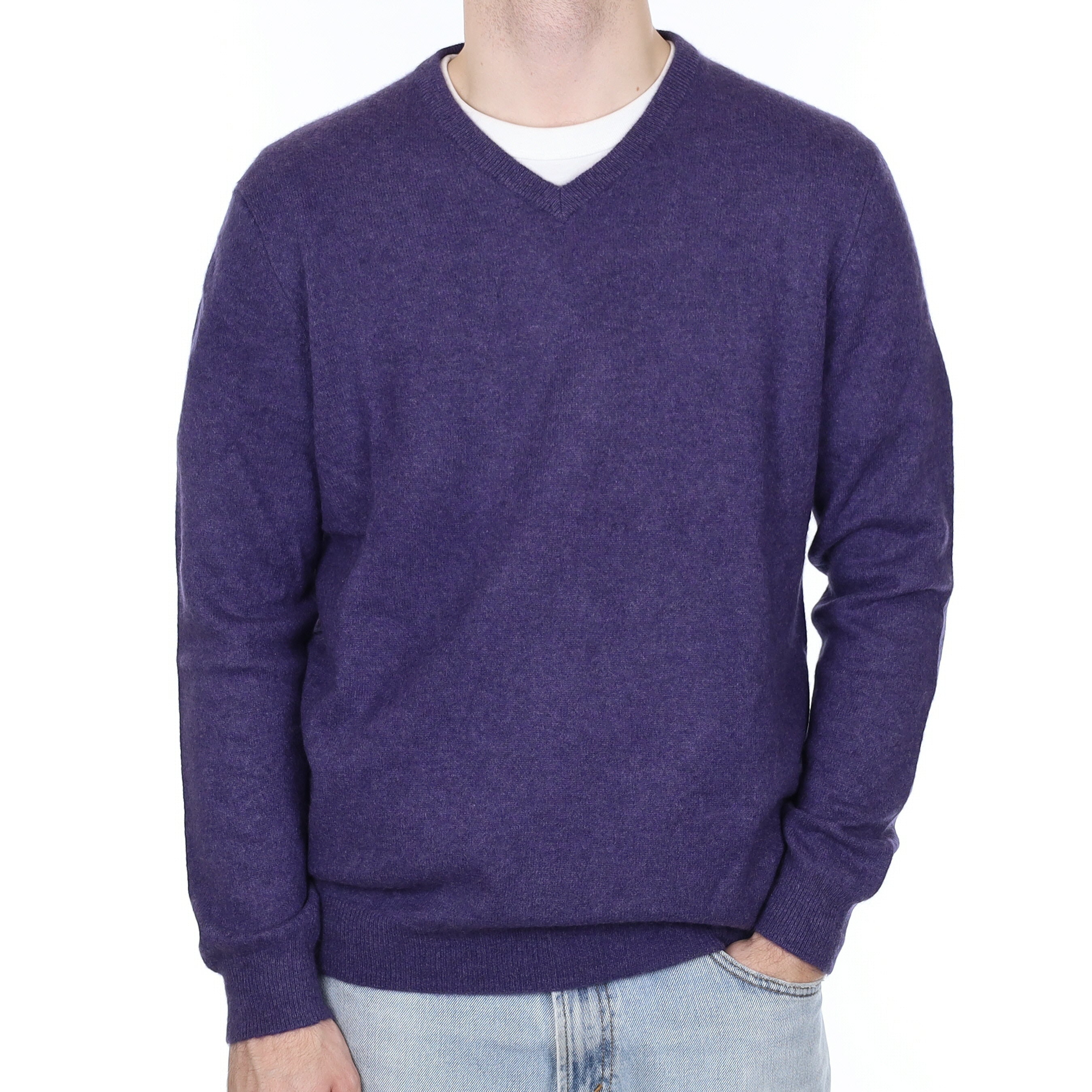 Men's Iris Purple Cashmere V Neck Jumper Large