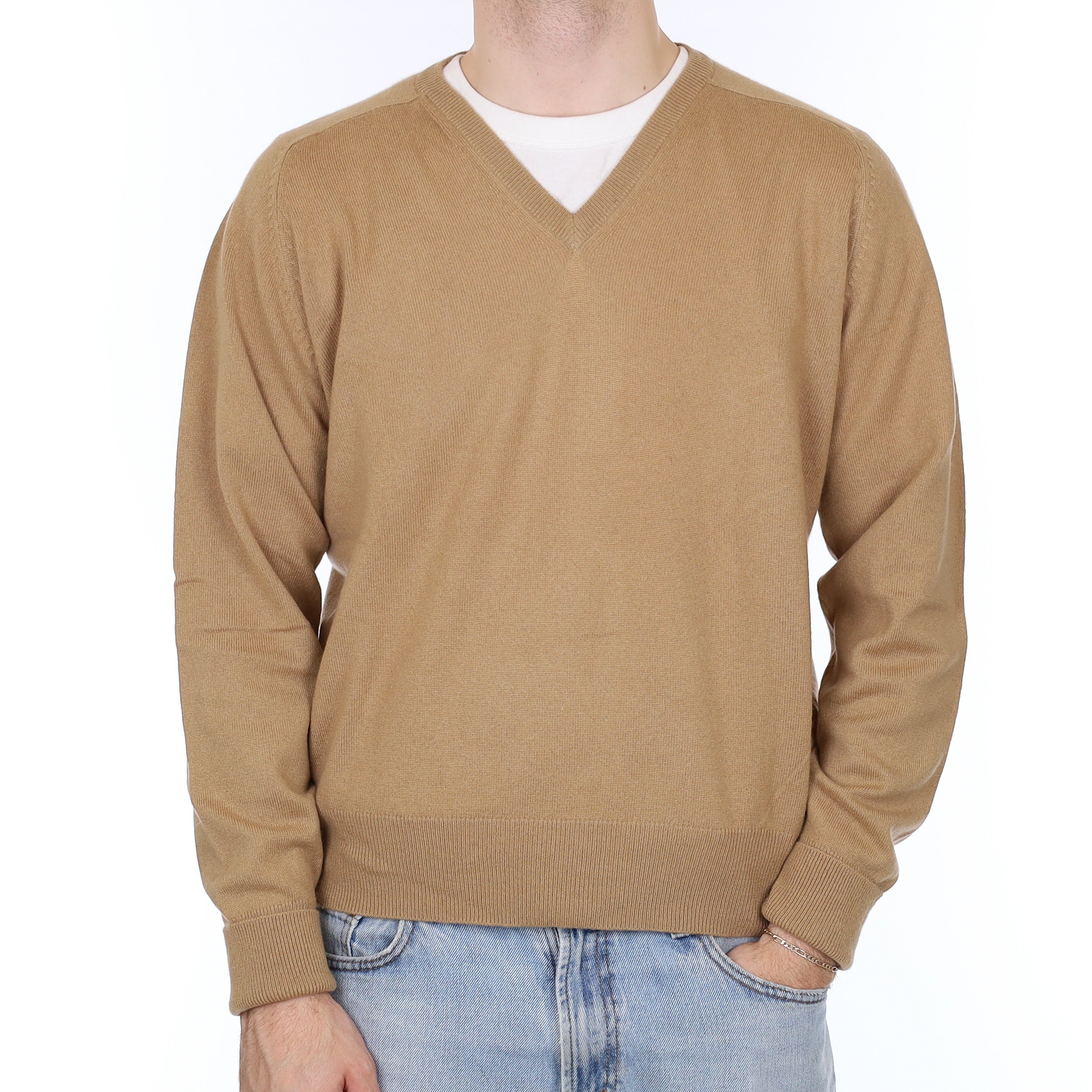 Men's Orvis Camel Brown Cashmere V Neck Jumper Large