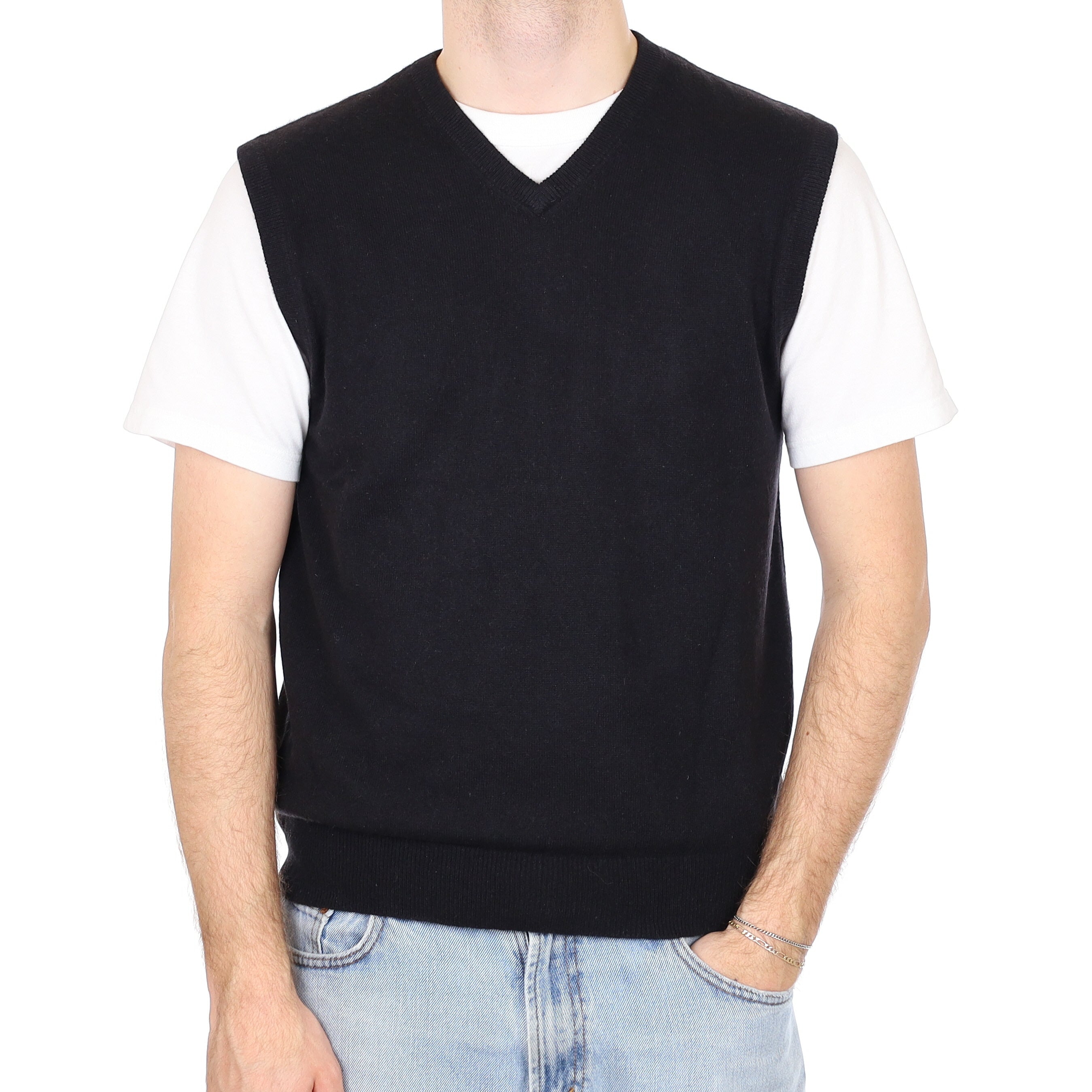 Men's Black Cashmere V Neck Tank Top Large