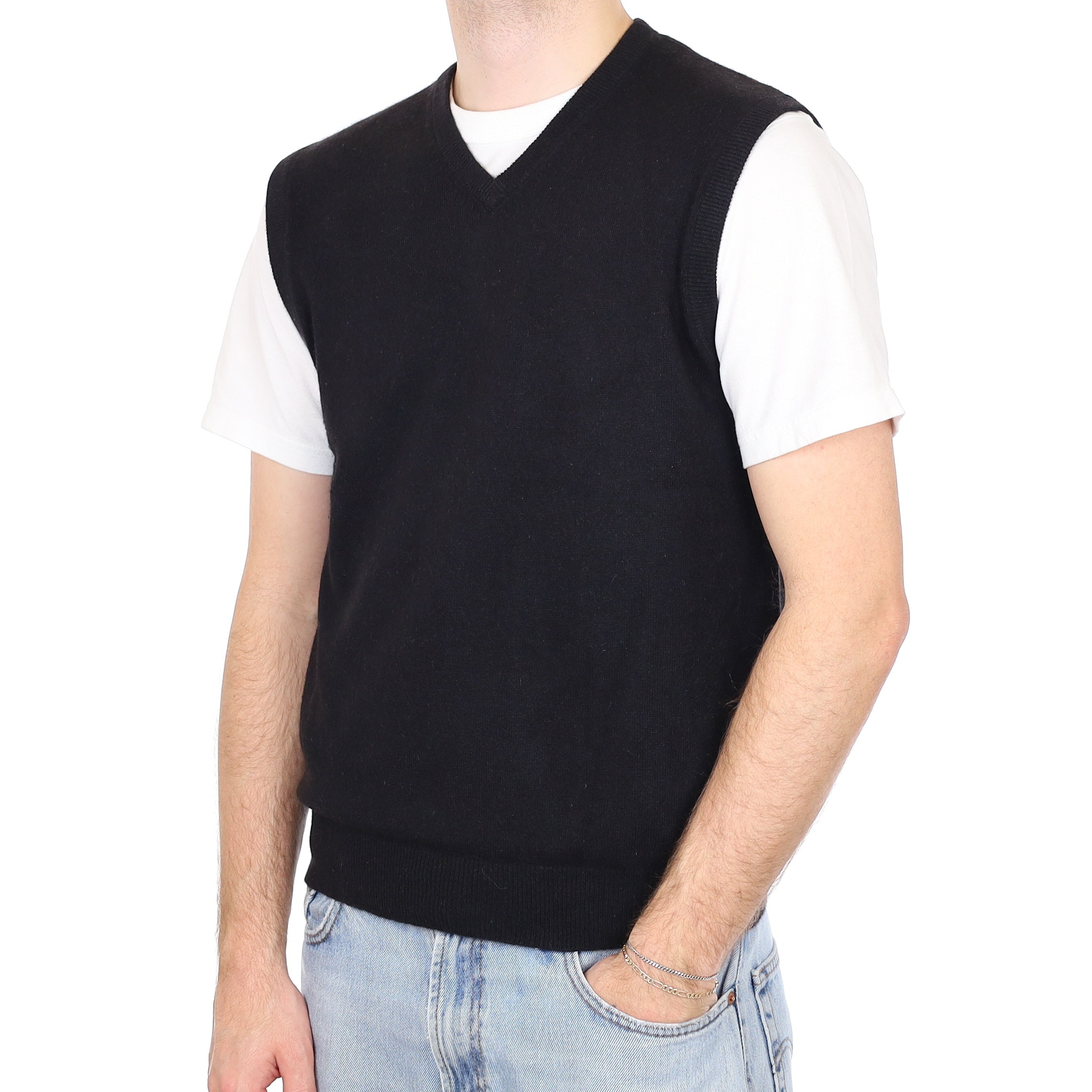 Men's Black Cashmere V Neck Tank Top Large