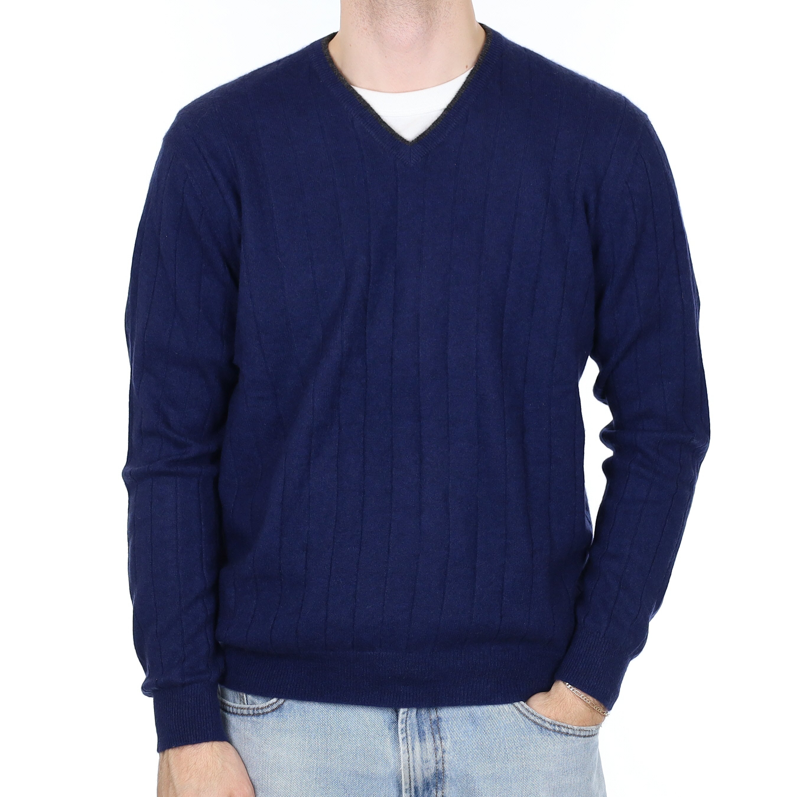 Men's French Navy Rib Cashmere V Neck Jumper Large