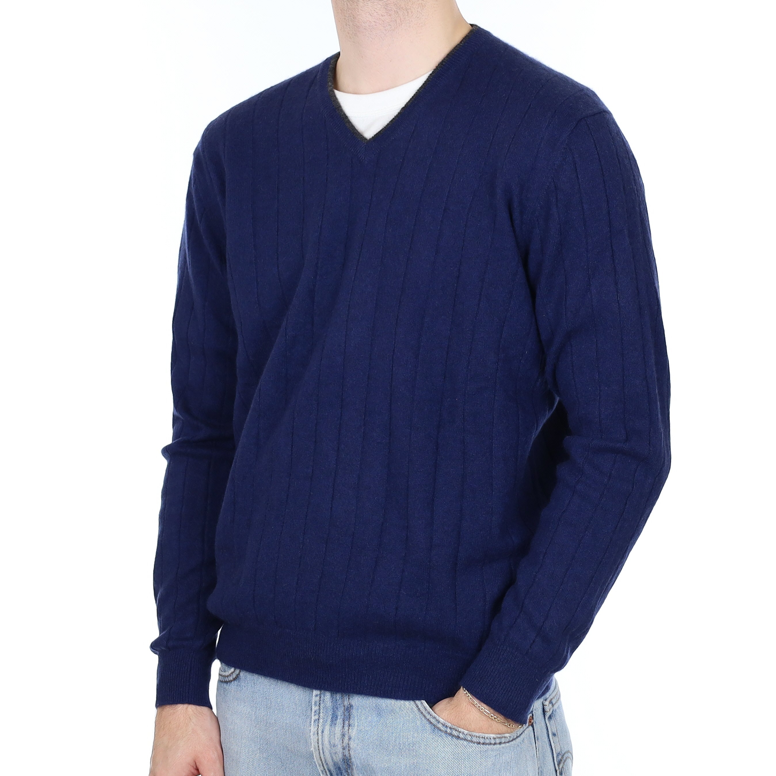 Men's French Navy Rib Cashmere V Neck Jumper Large