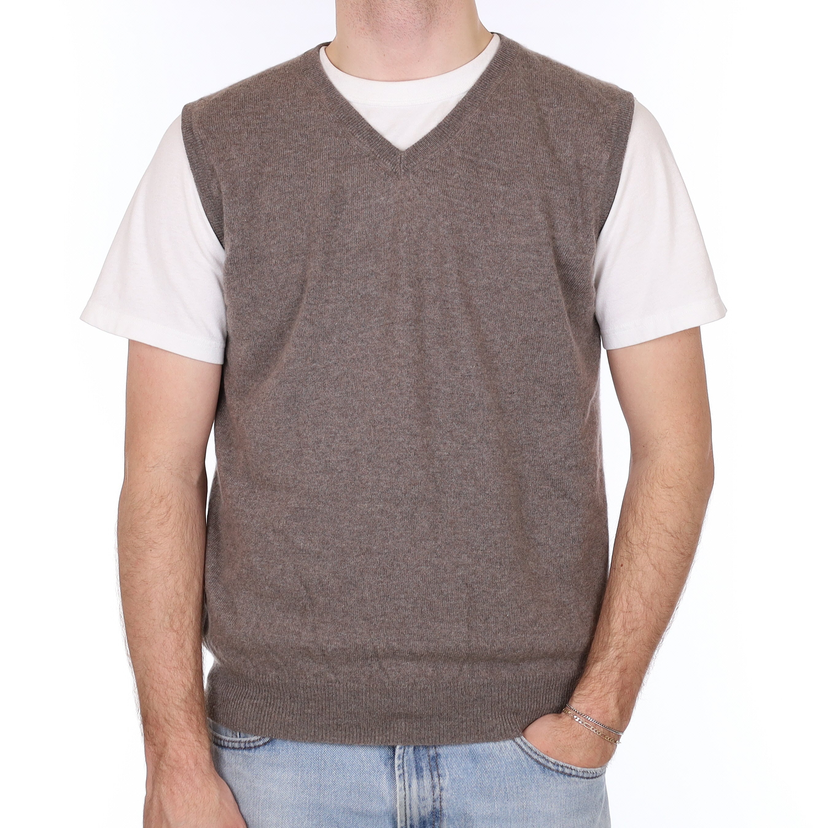 Men's Mink Brown Cashmere V Neck Tank Top Large
