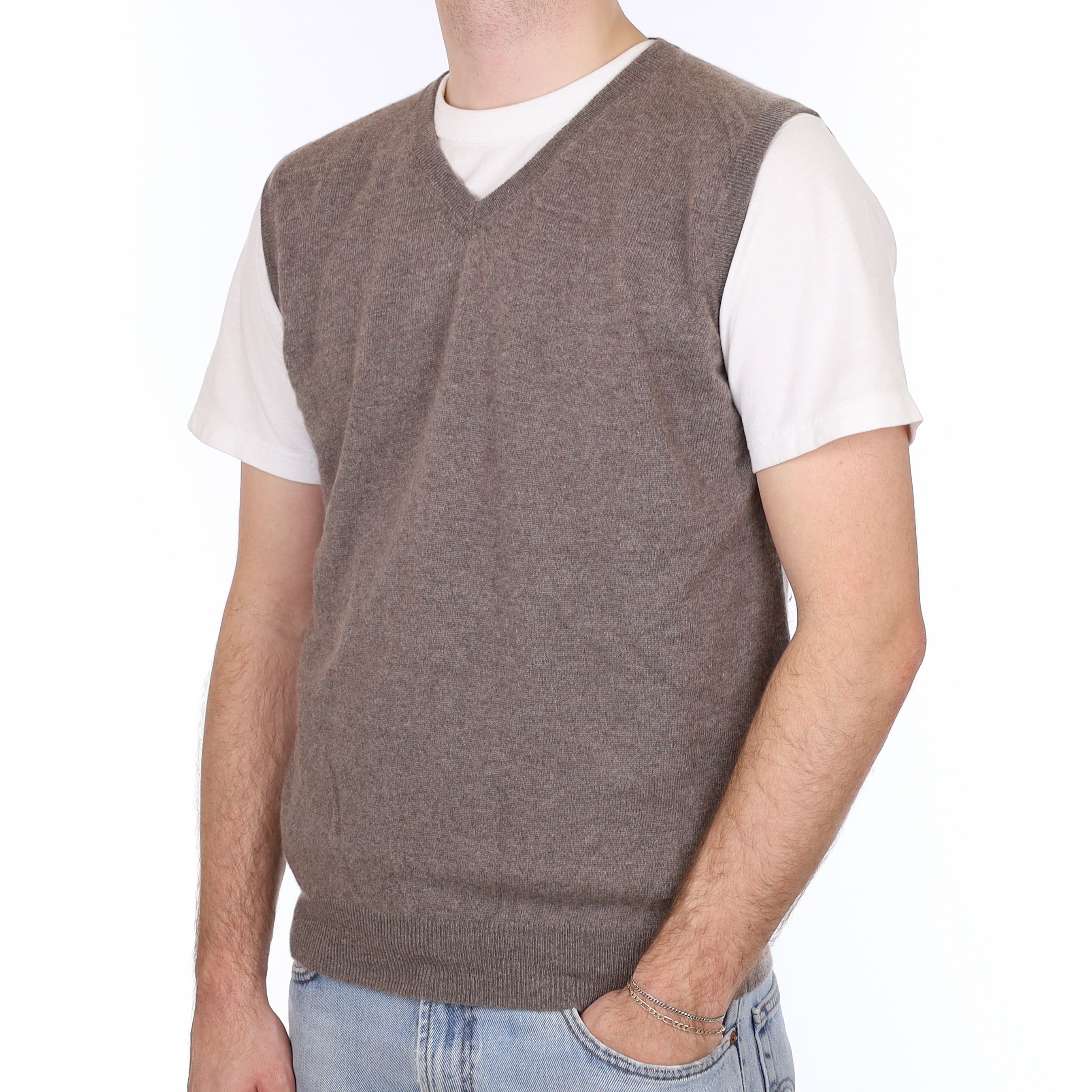 Men's Mink Brown Cashmere V Neck Tank Top Large