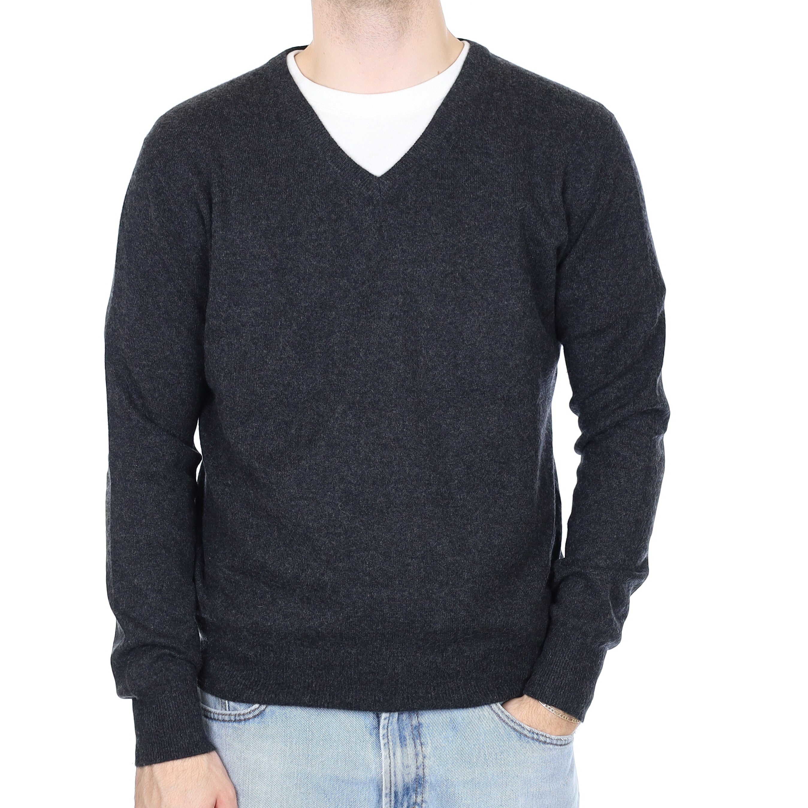 Men's Charcoal Grey Cashmere V Neck Jumper Large
