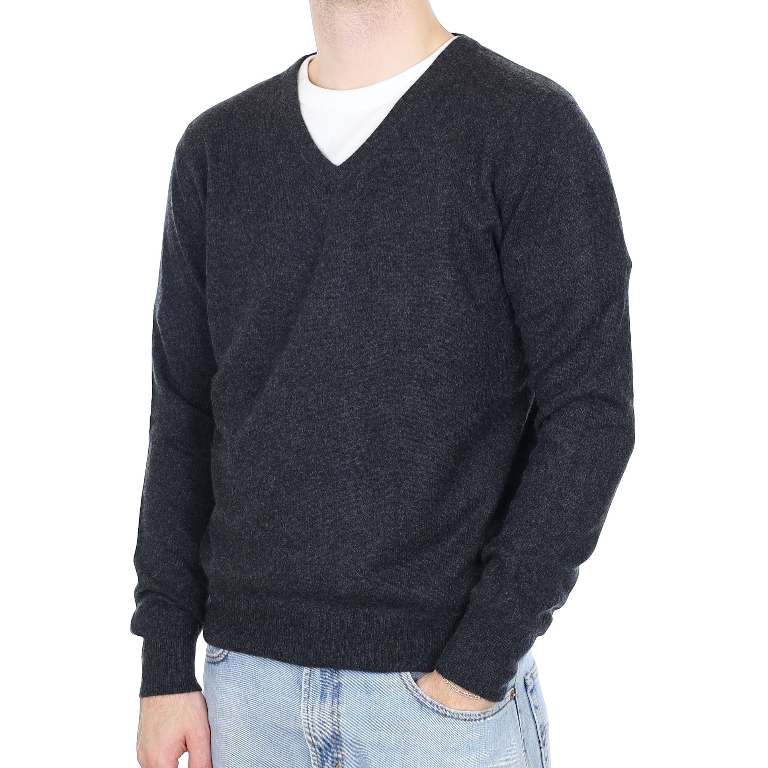 Men's Charcoal Grey Cashmere V Neck Jumper Large