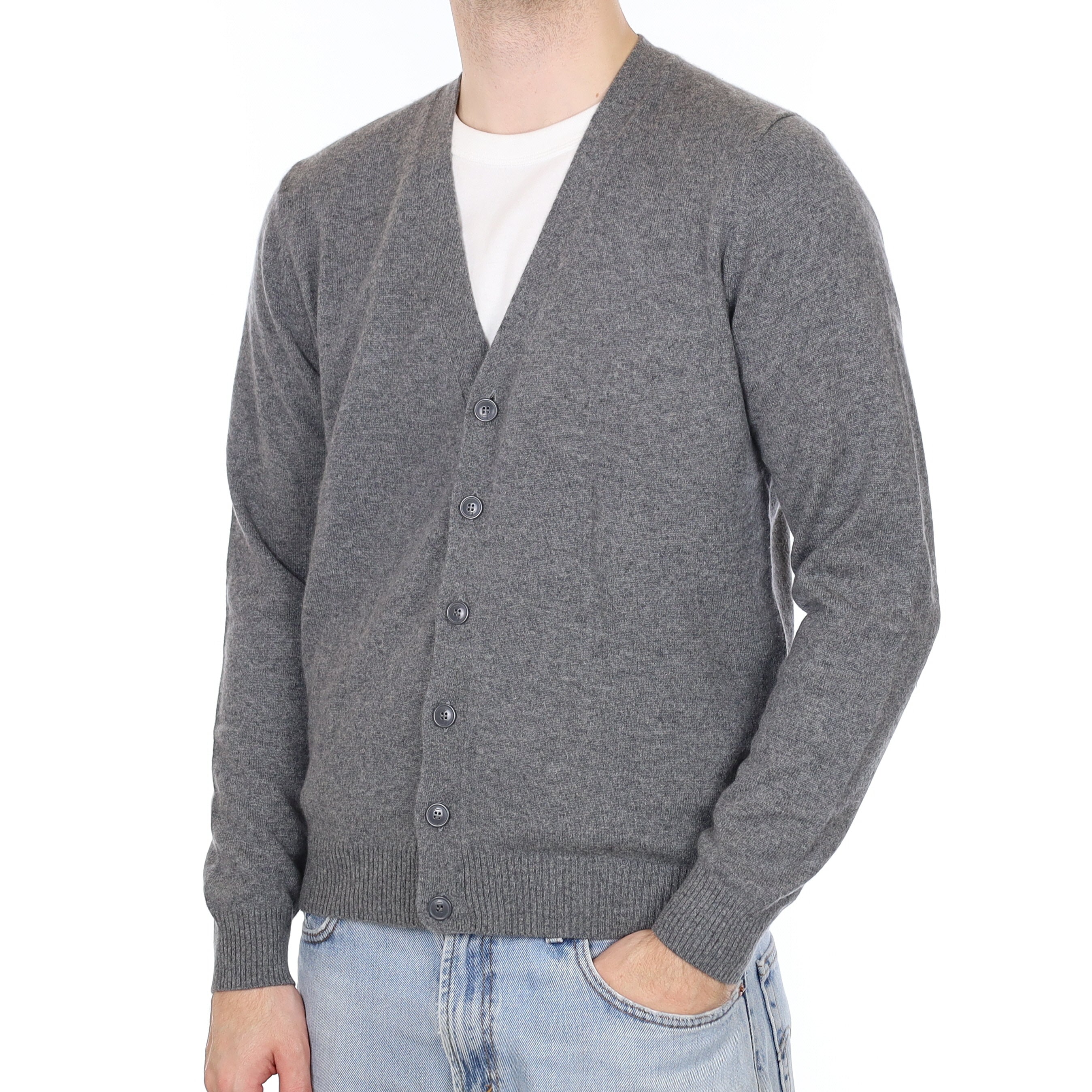Men's Slate Grey Cashmere V Neck Cardigan Large
