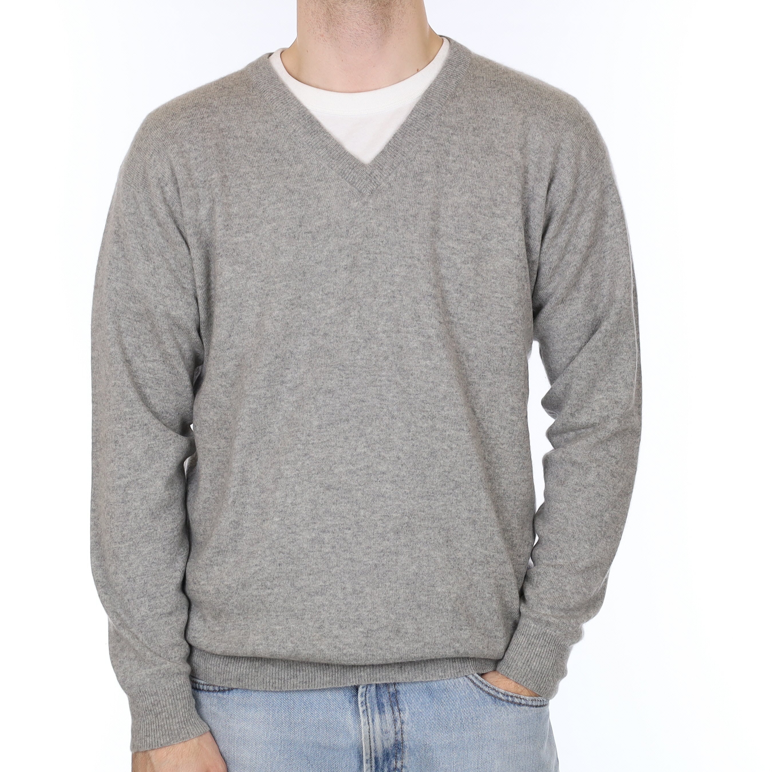 Men's Smoke Grey Cashmere V Neck Jumper Large