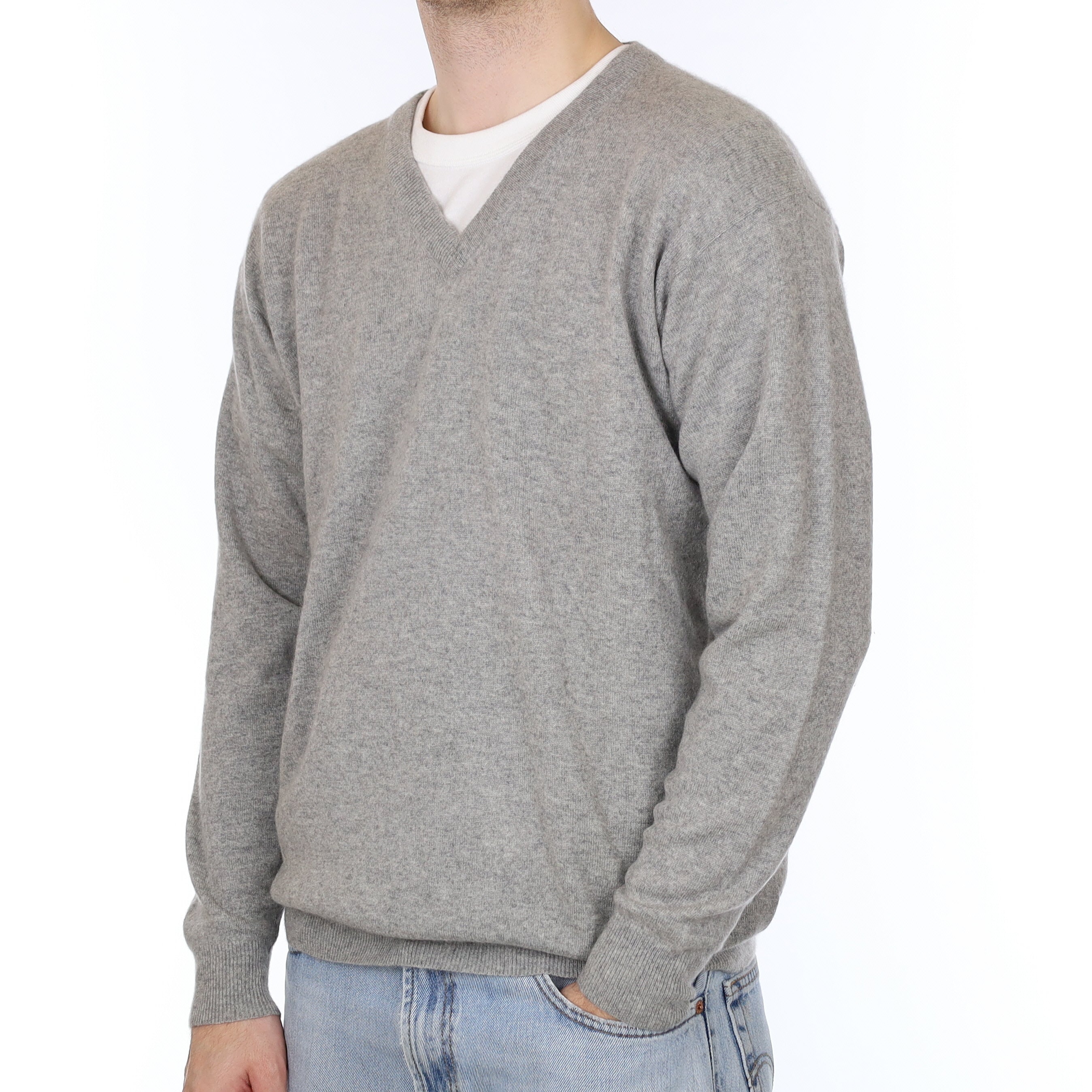 Men's Smoke Grey Cashmere V Neck Jumper Large