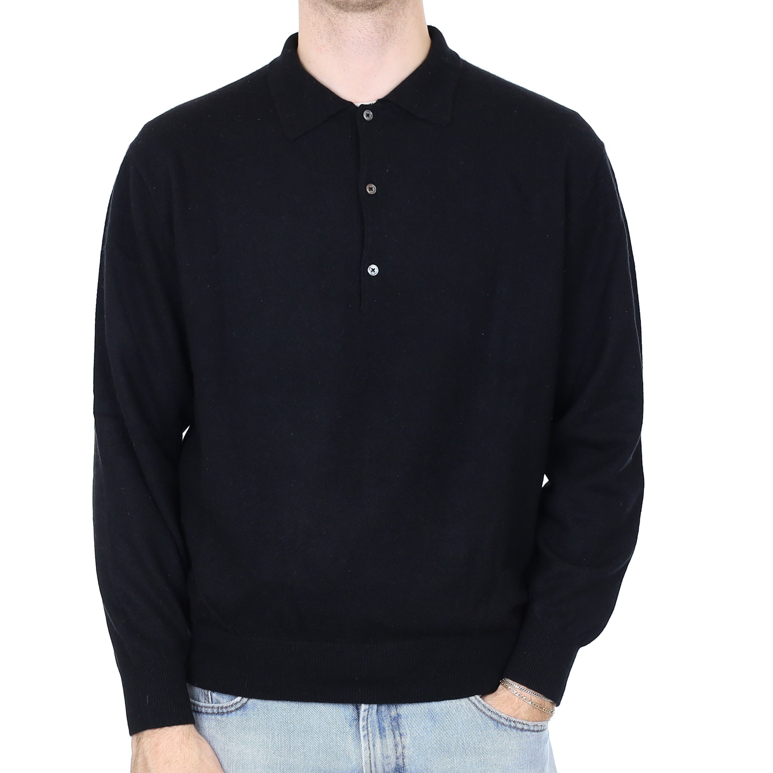 Men's Black Cashmere Collared Quarter Button Jumper Large