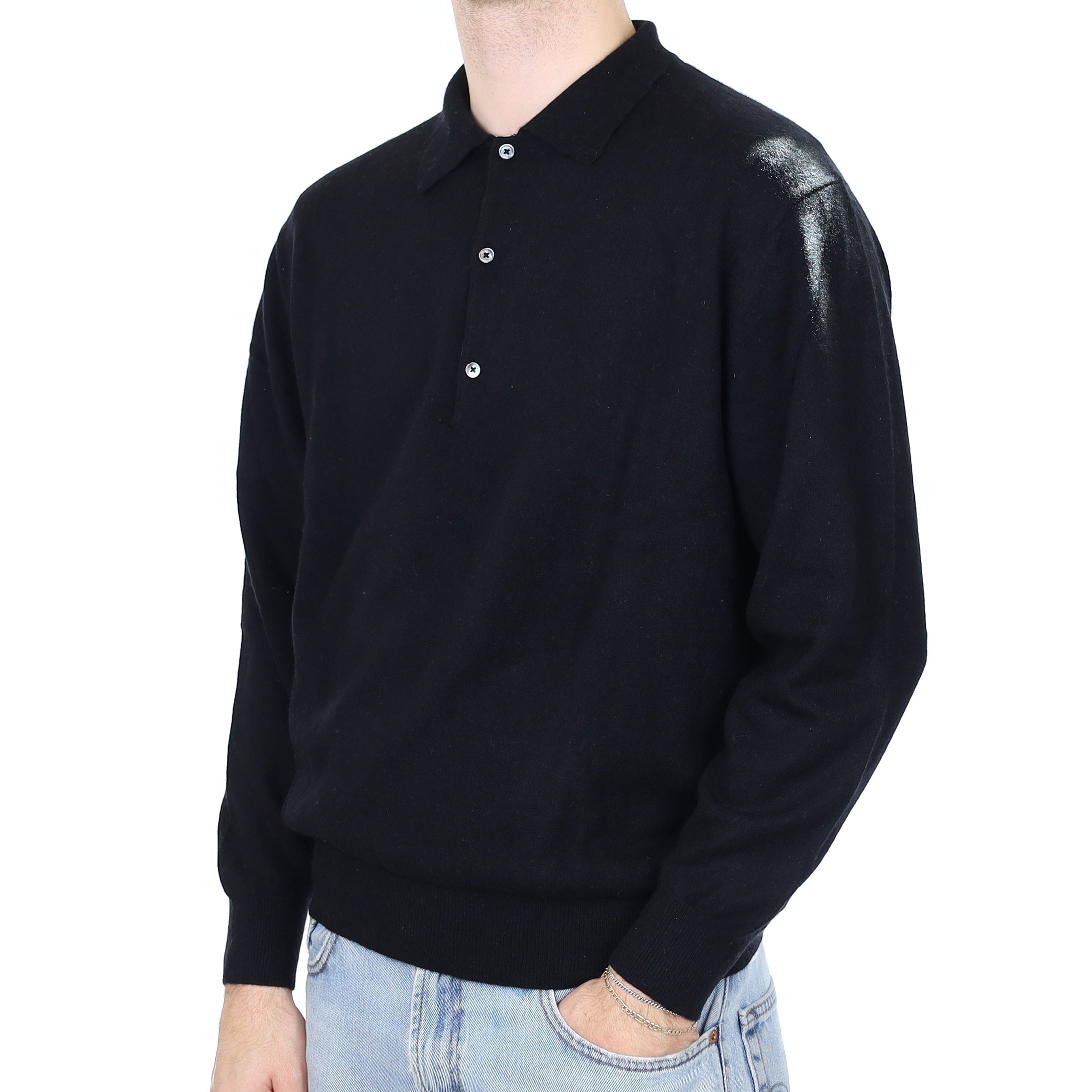 Men's Black Cashmere Collared Quarter Button Jumper Large