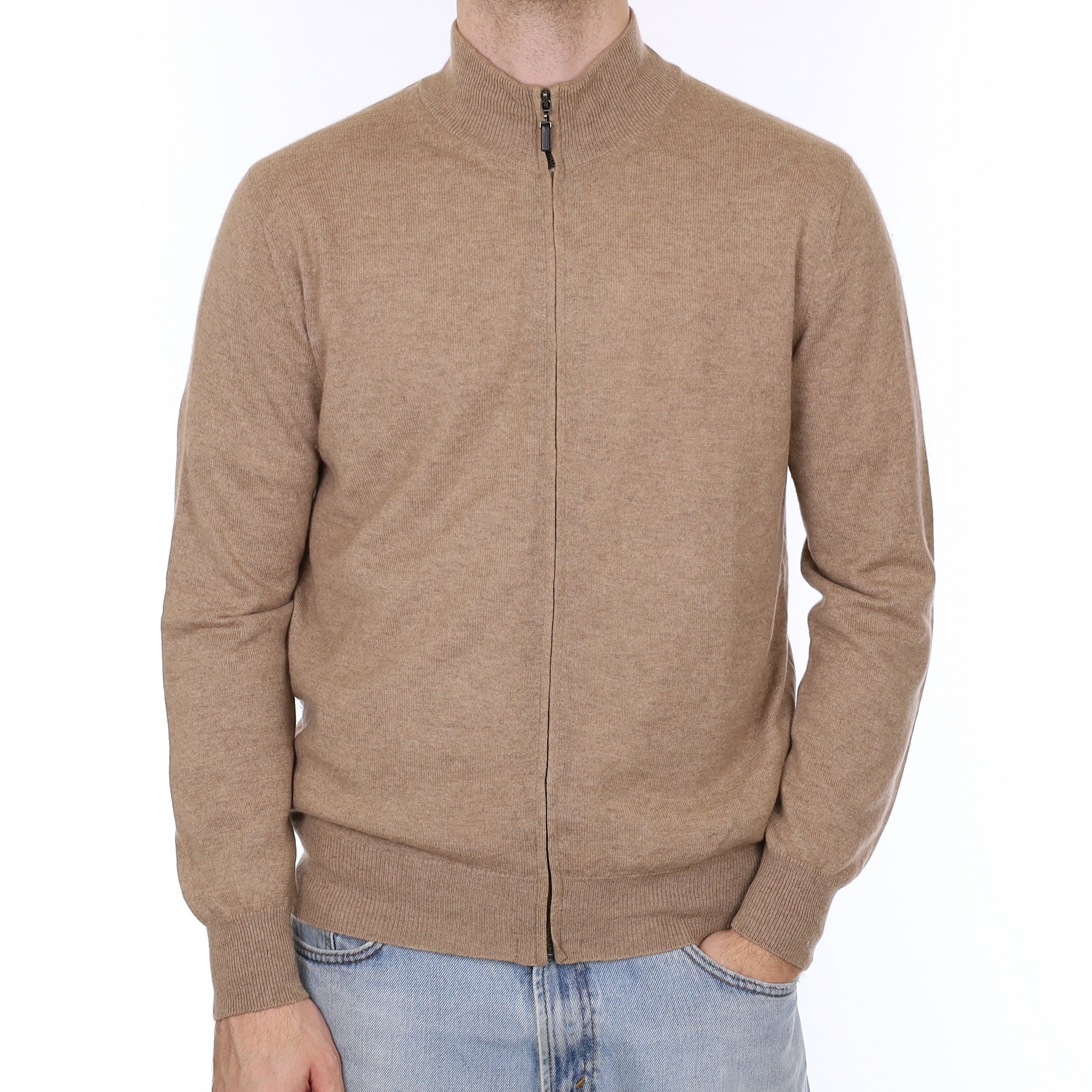 Men's Italian Taupe Brown Cashmere Zip Up Neck Cardigan Large