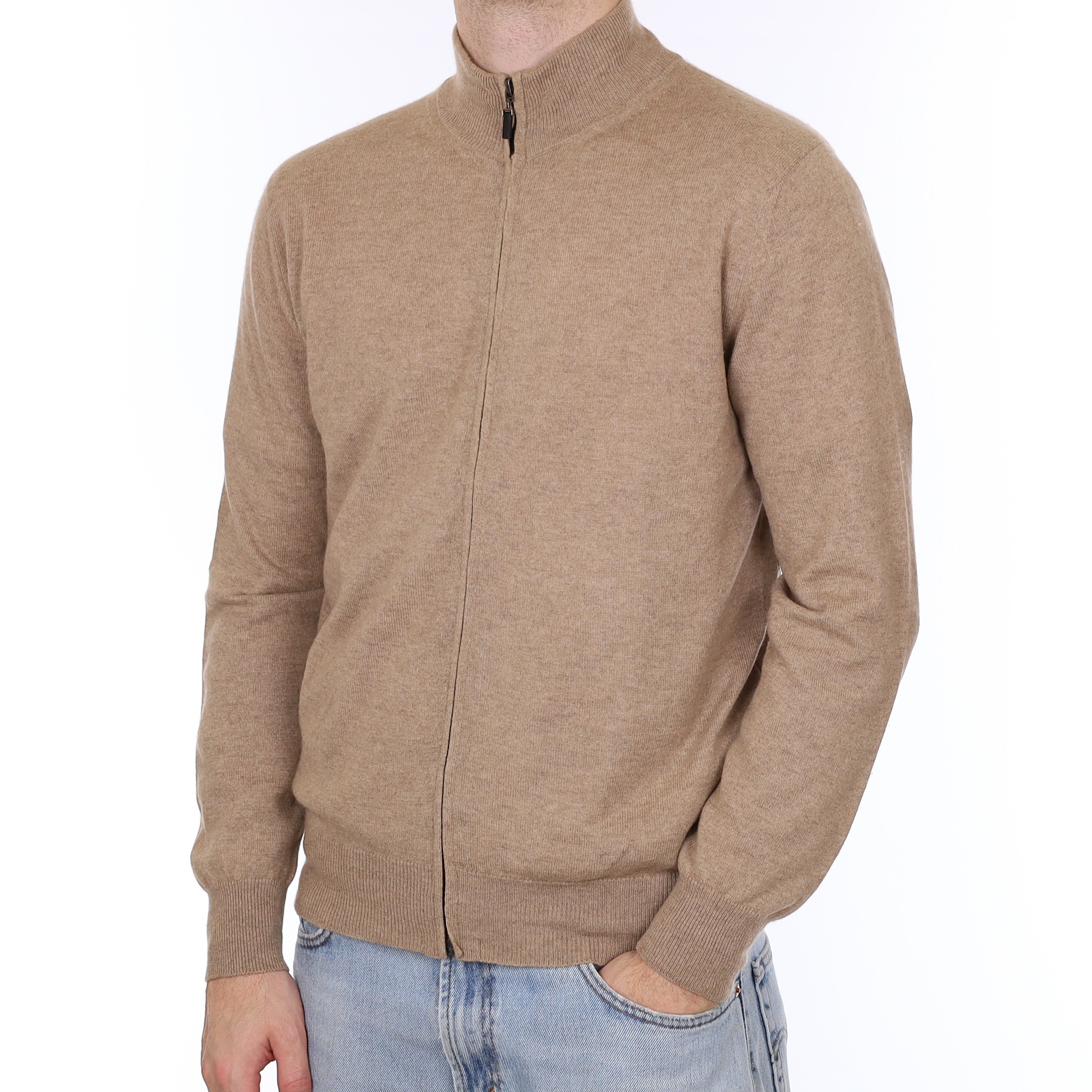 Men's Italian Taupe Brown Cashmere Zip Up Neck Cardigan Large