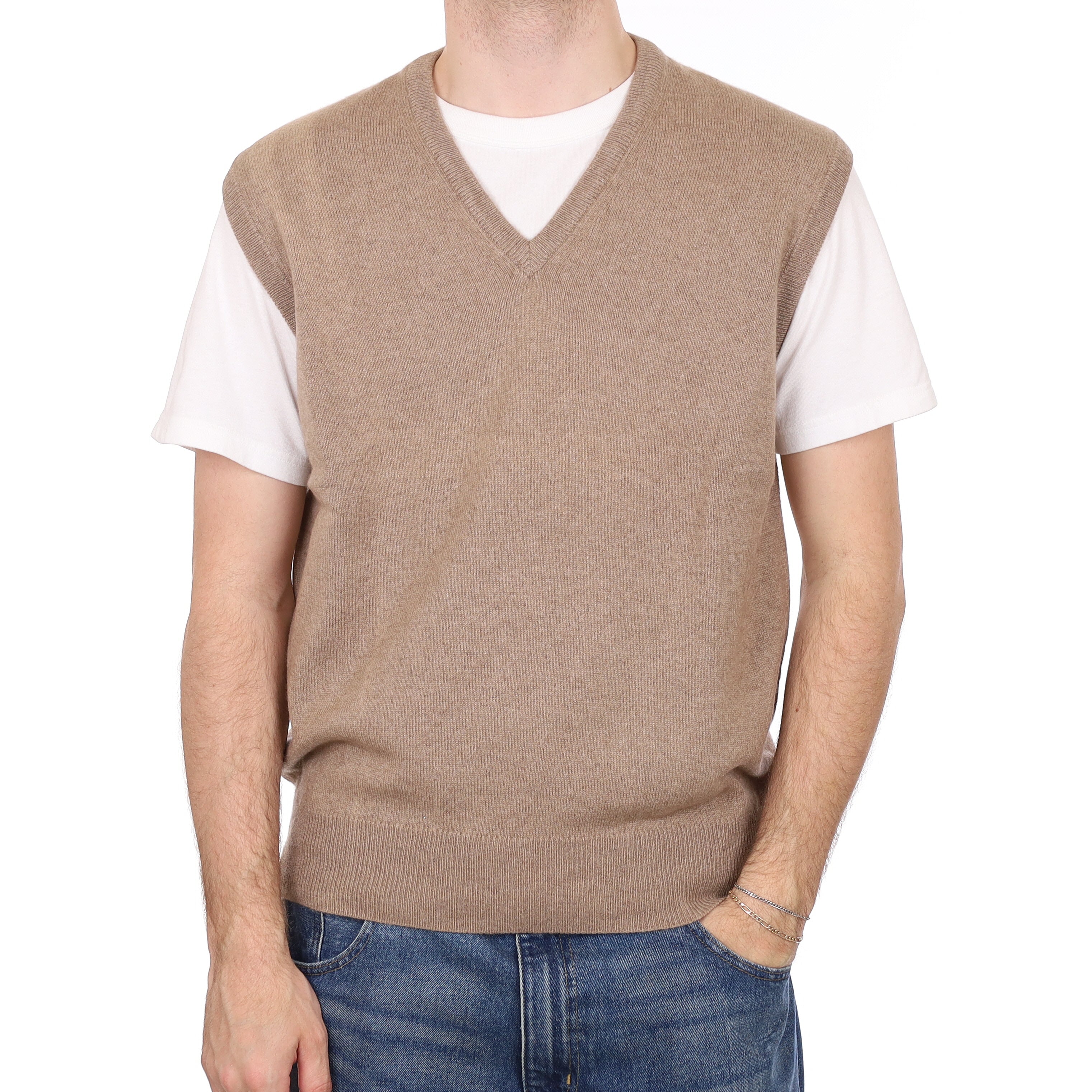 Men's Taupe Brown Cashmere V Neck Tank Top Large