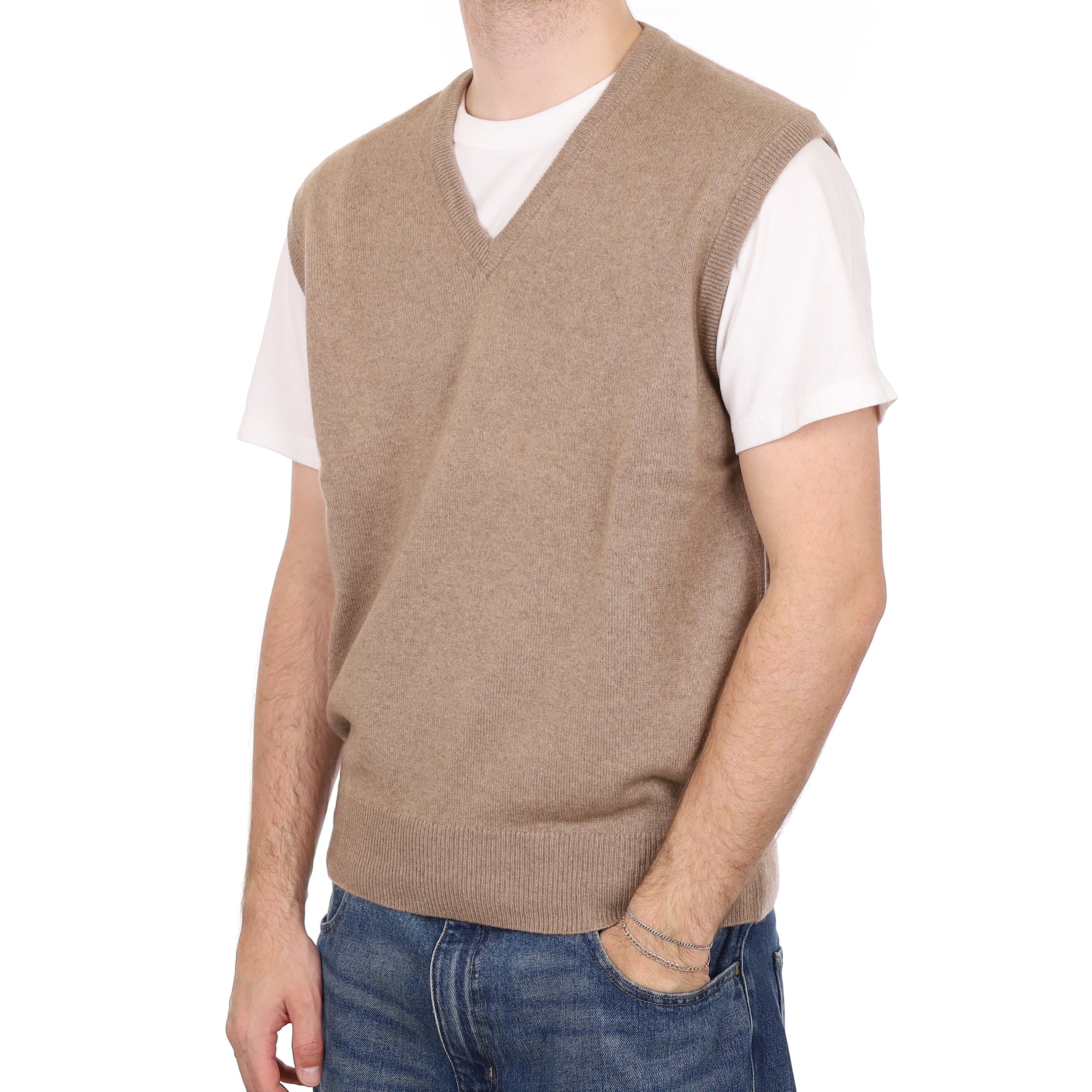 Men's Taupe Brown Cashmere V Neck Tank Top Large