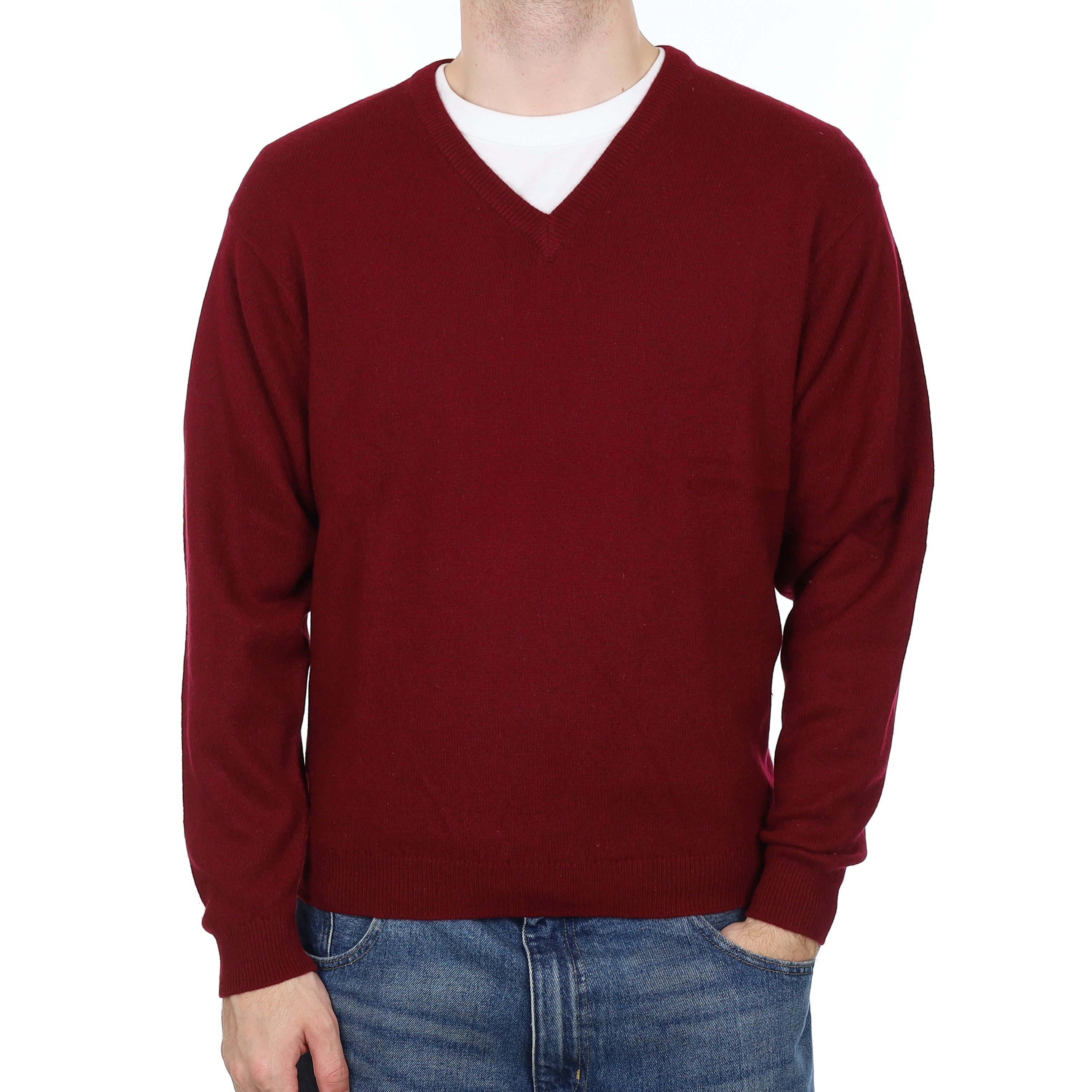Men's Burgundy Red Cashmere V Neck Jumper Large
