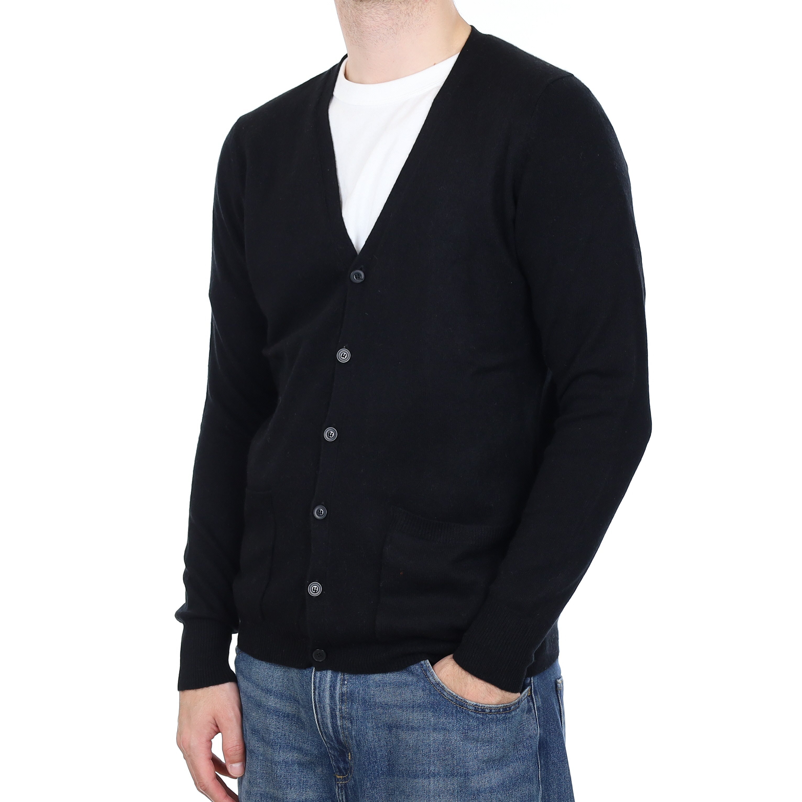 Men's Black Cashmere V Neck Cardigan with Pockets Large/Tall