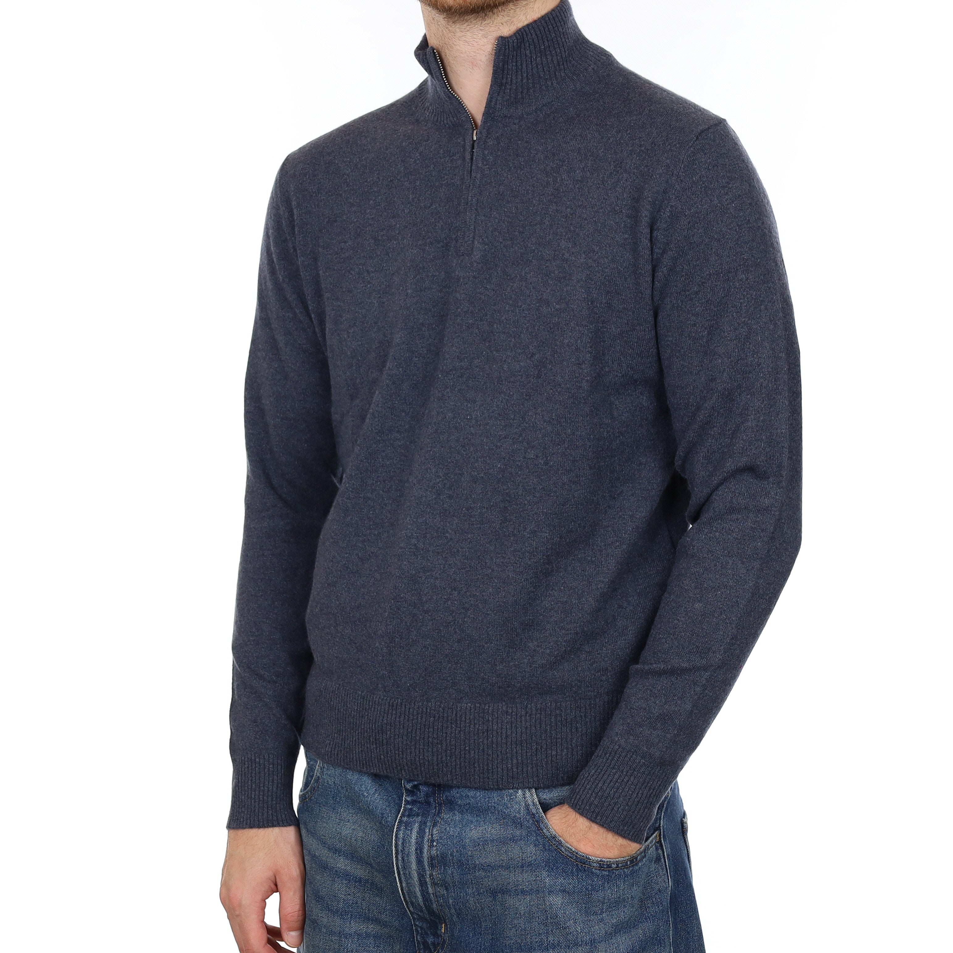 Men's Slate Blue Cashmere 1/4 Zip Jumper Medium