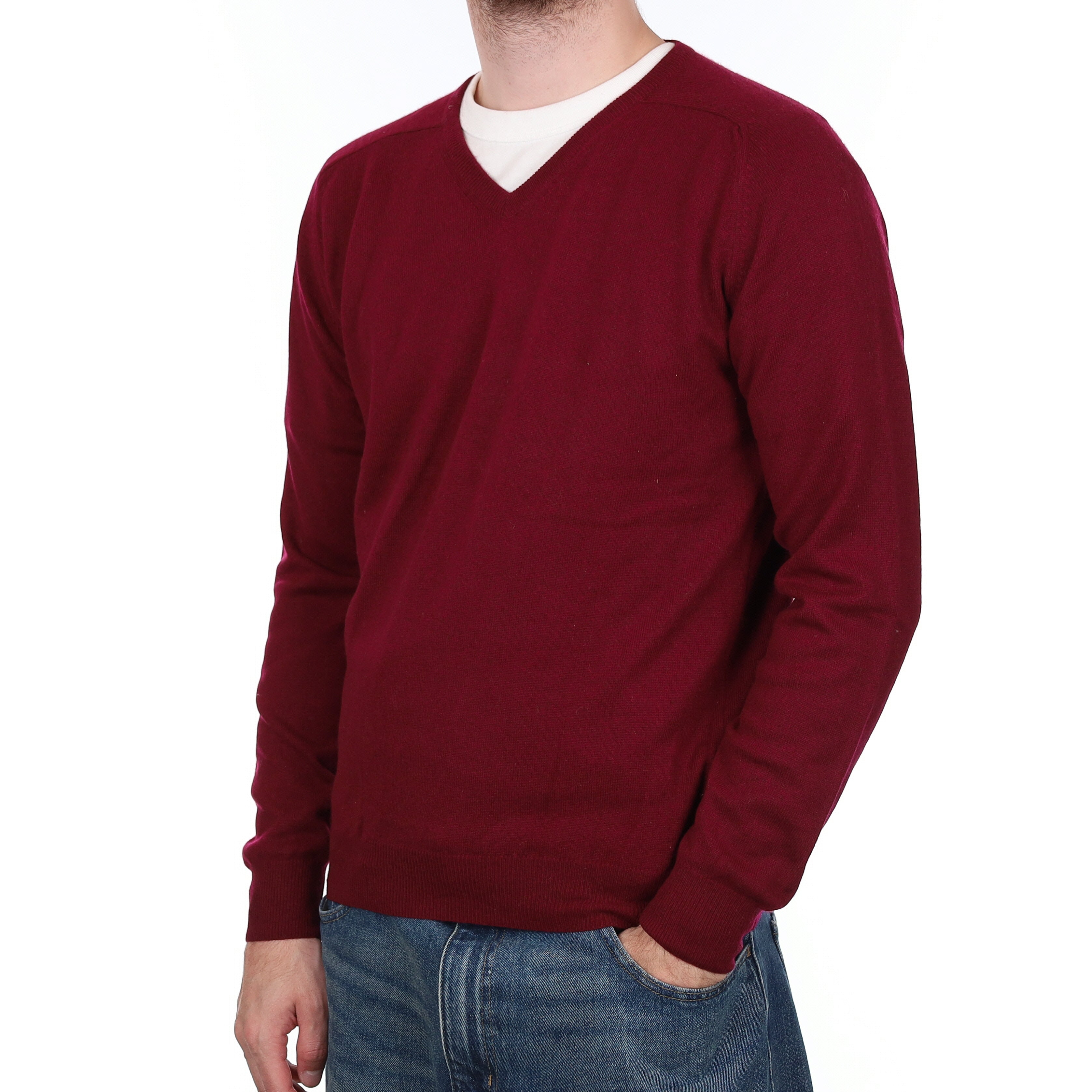 Men's Burgundy Red Cashmere V Neck Jumper Medium