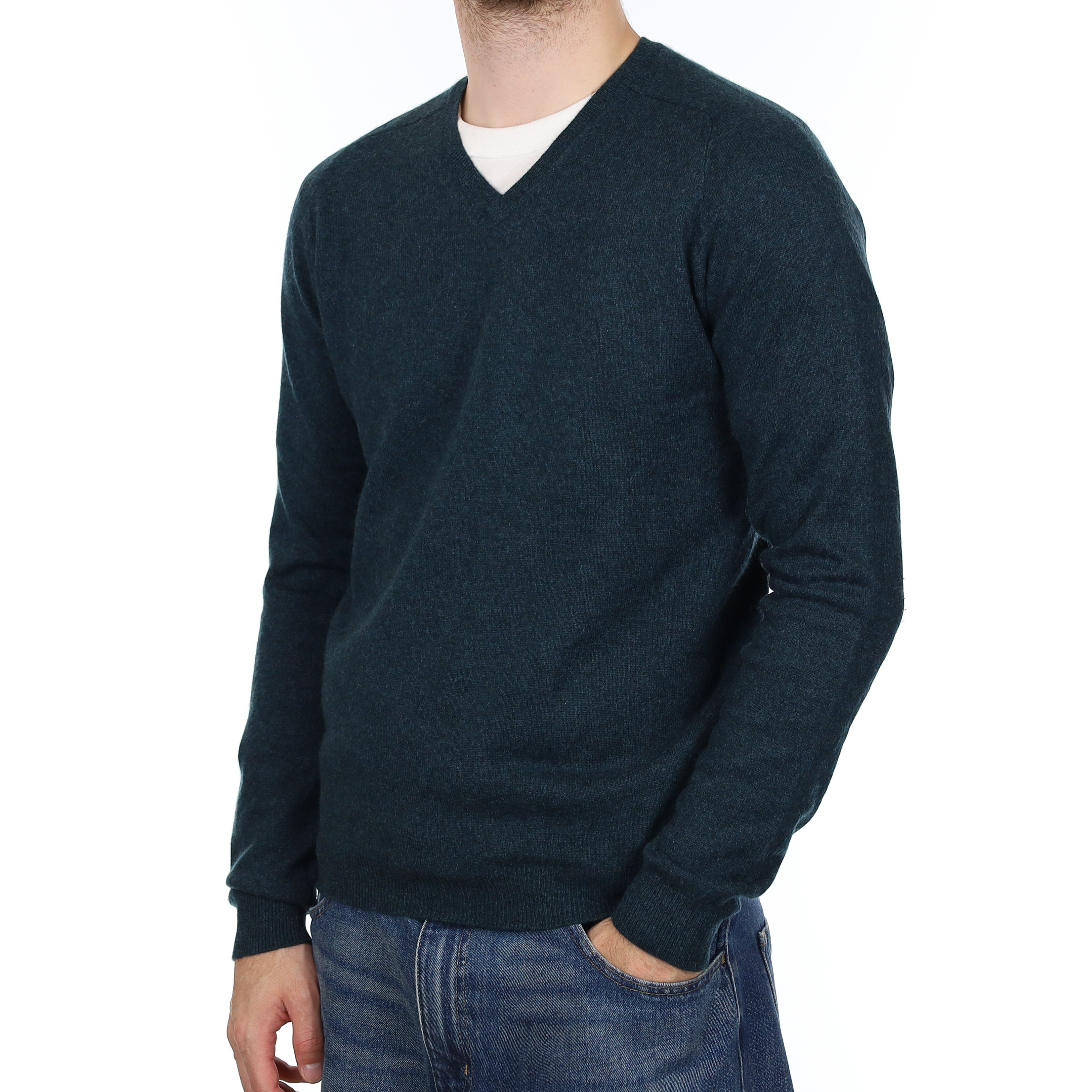 Men's Dark Forest Green Cashmere V Neck Jumper Medium
