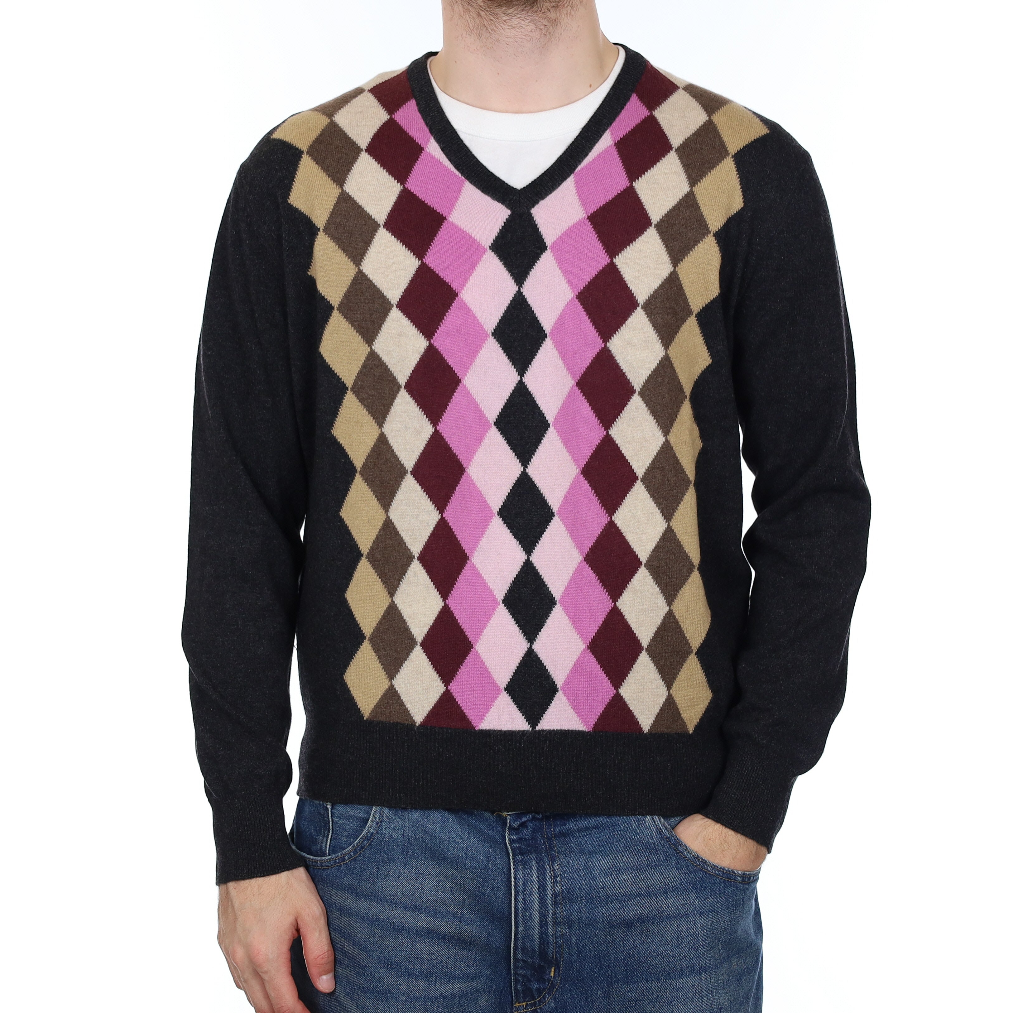 Men's Italian Charcoal and Mauve Diamond Cashmere V Neck Jumper Large