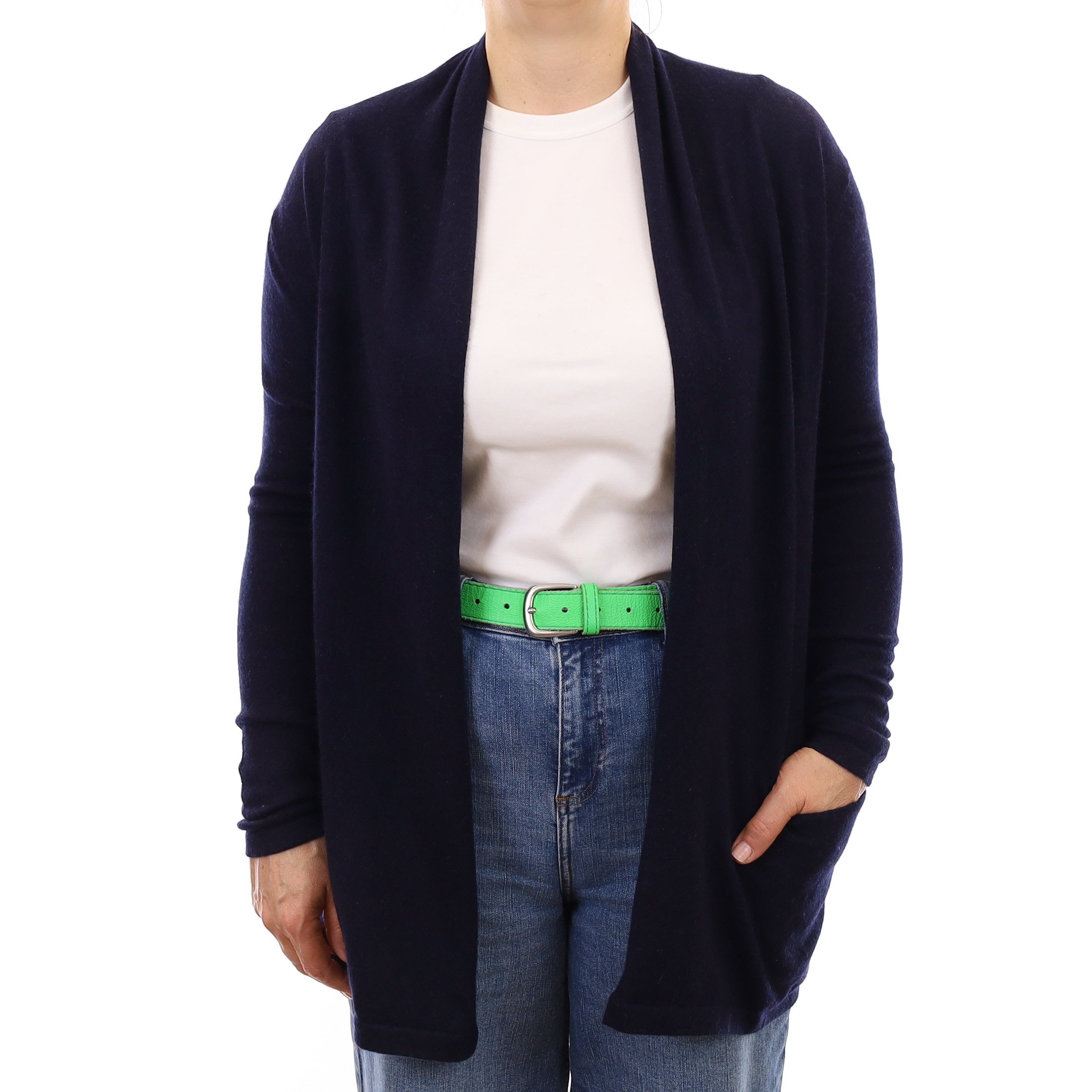 Navy Cashmere Collared Edge to Edge Cardigan with Pockets Medium