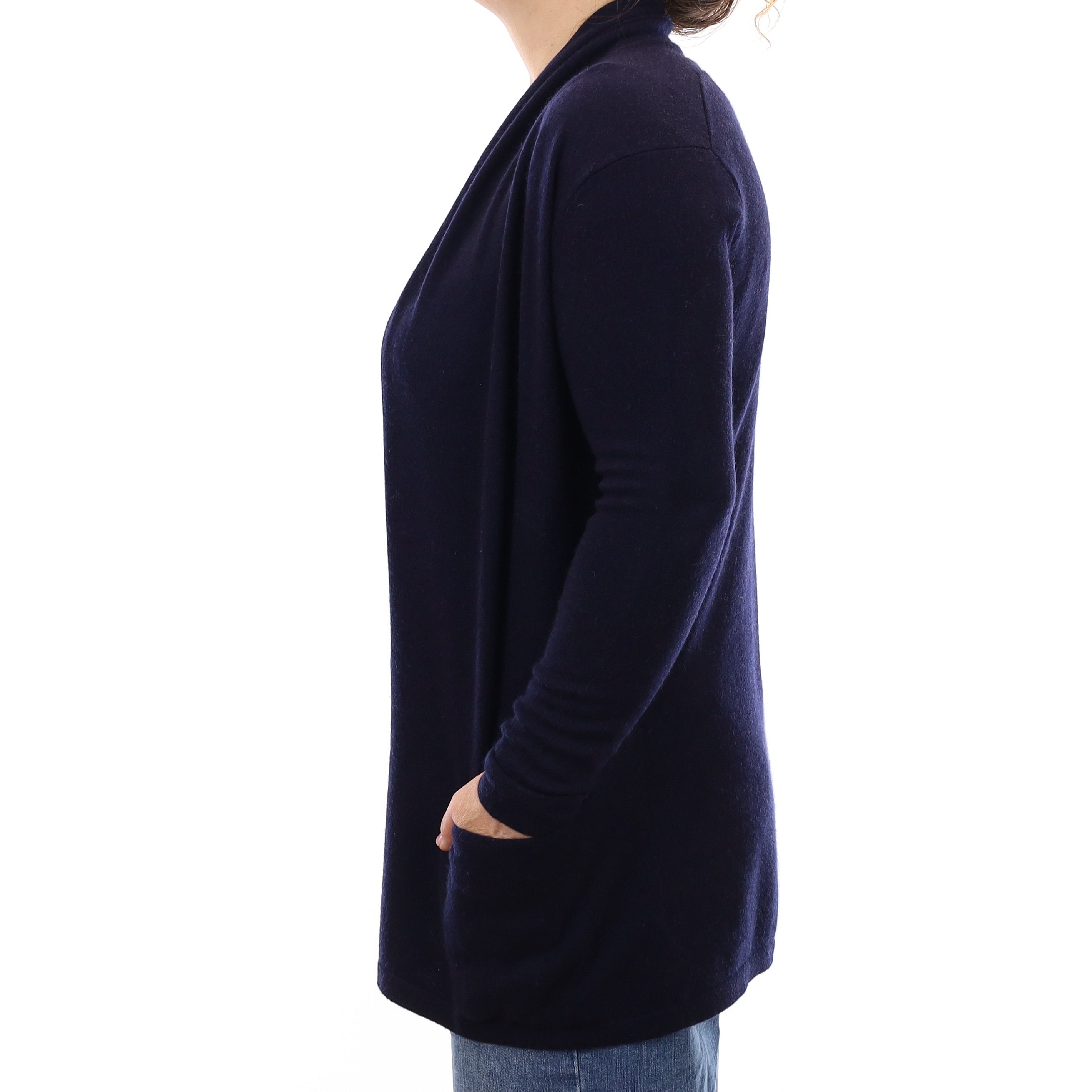 Navy Cashmere Collared Edge to Edge Cardigan with Pockets Medium