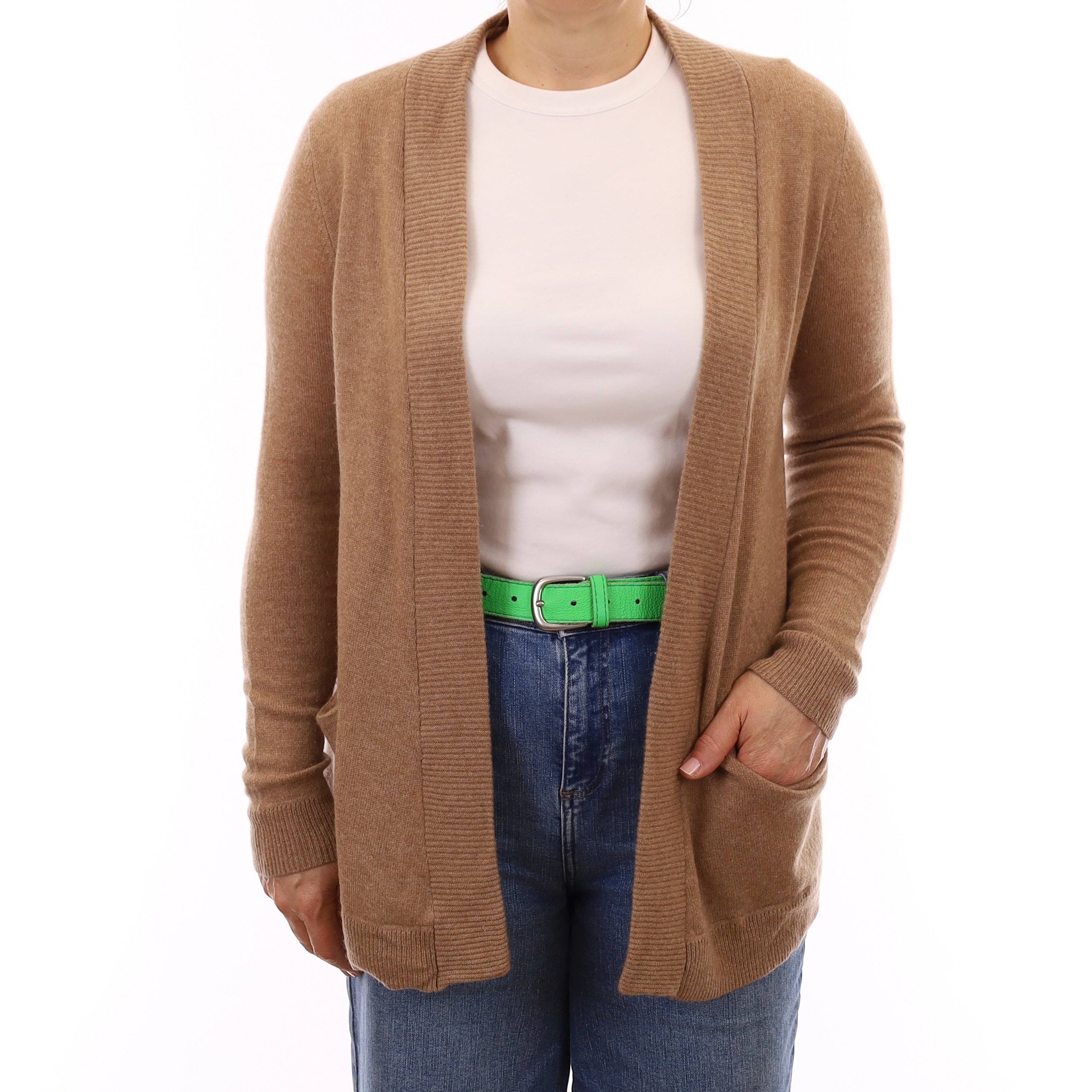 Camel Cashmere Edge to Edge Cardigan with Pockets Medium