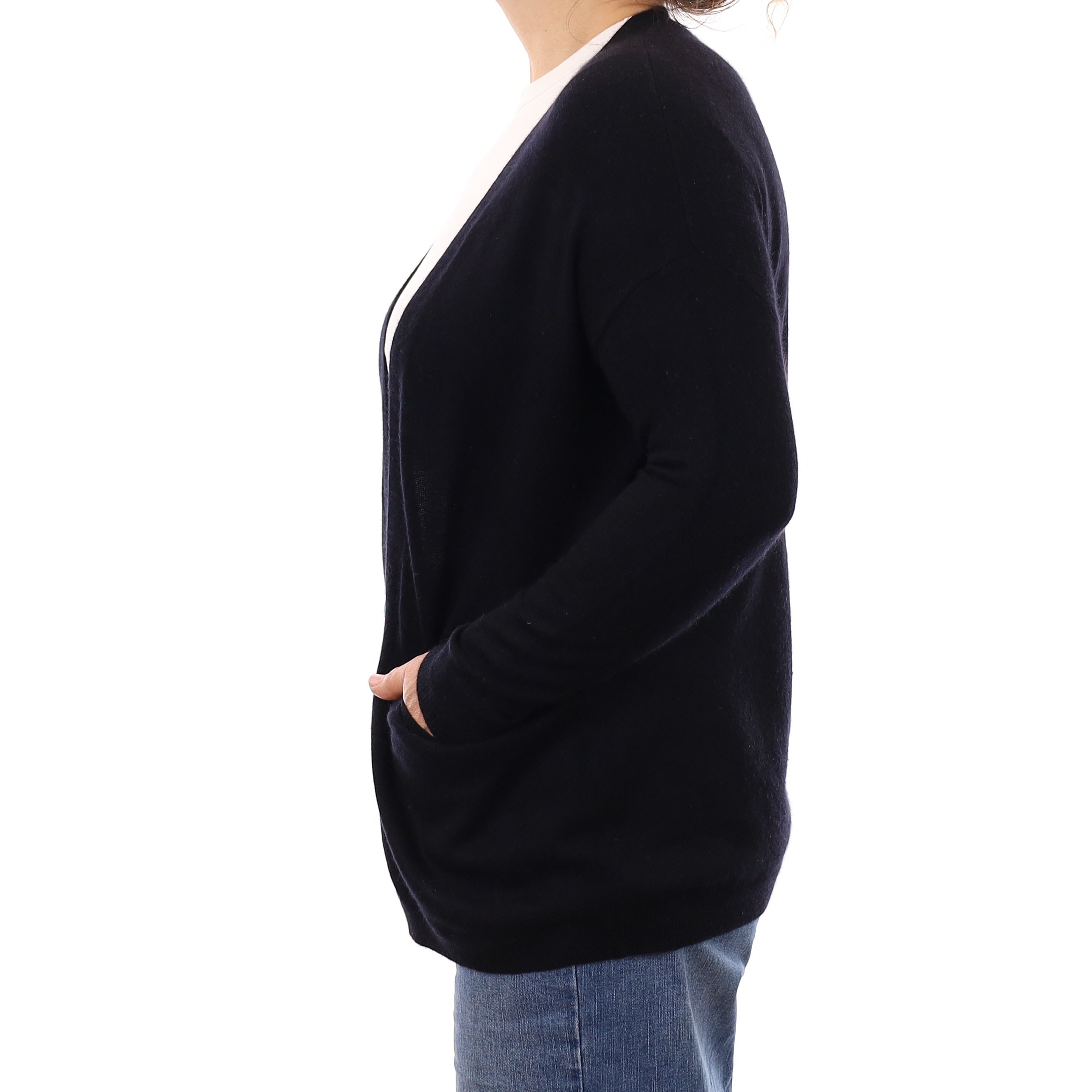 Black Cashmere Edge to Edge Cardigan with Pockets Medium