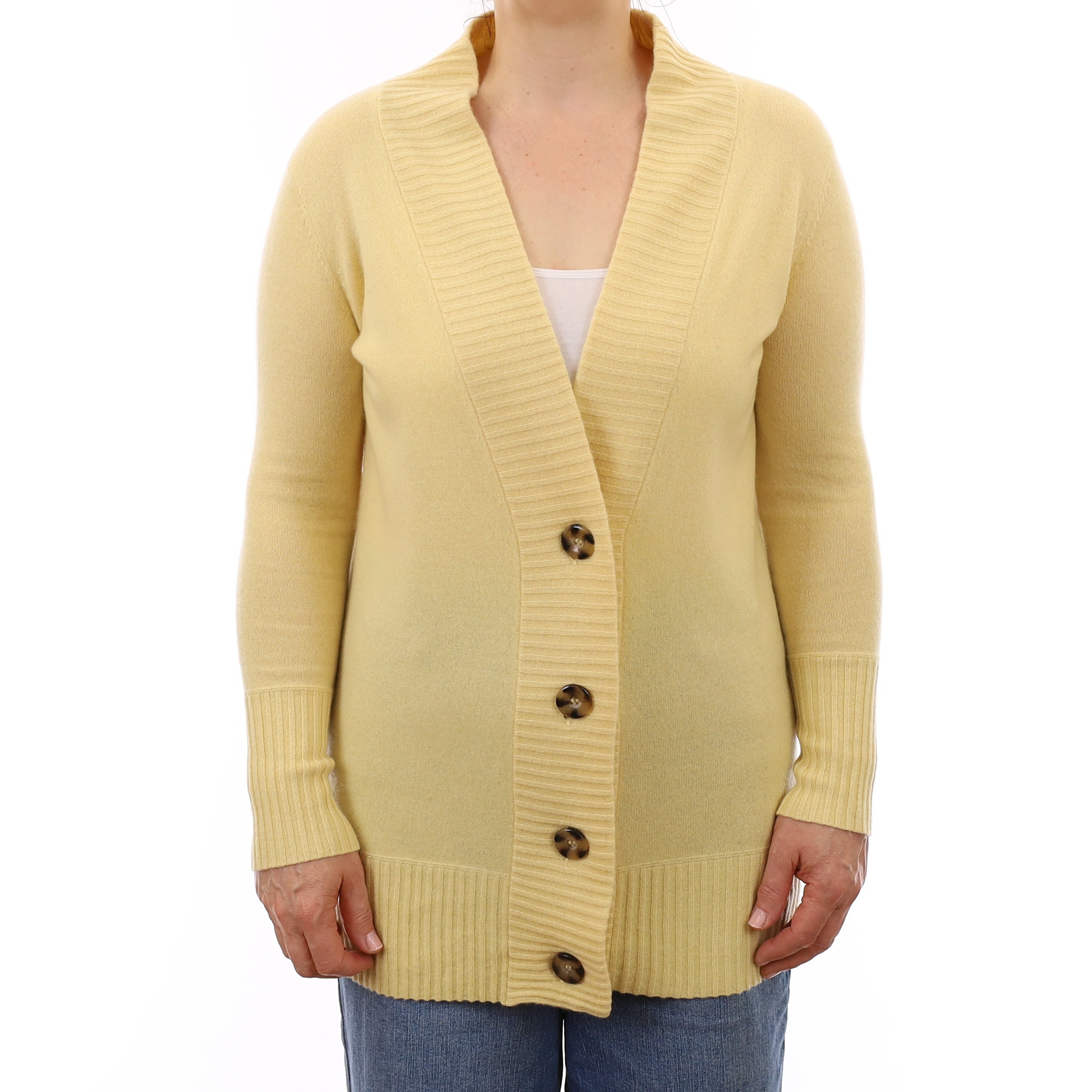 Custard Yellow Cashmere Longline V Neck Cardigan Medium