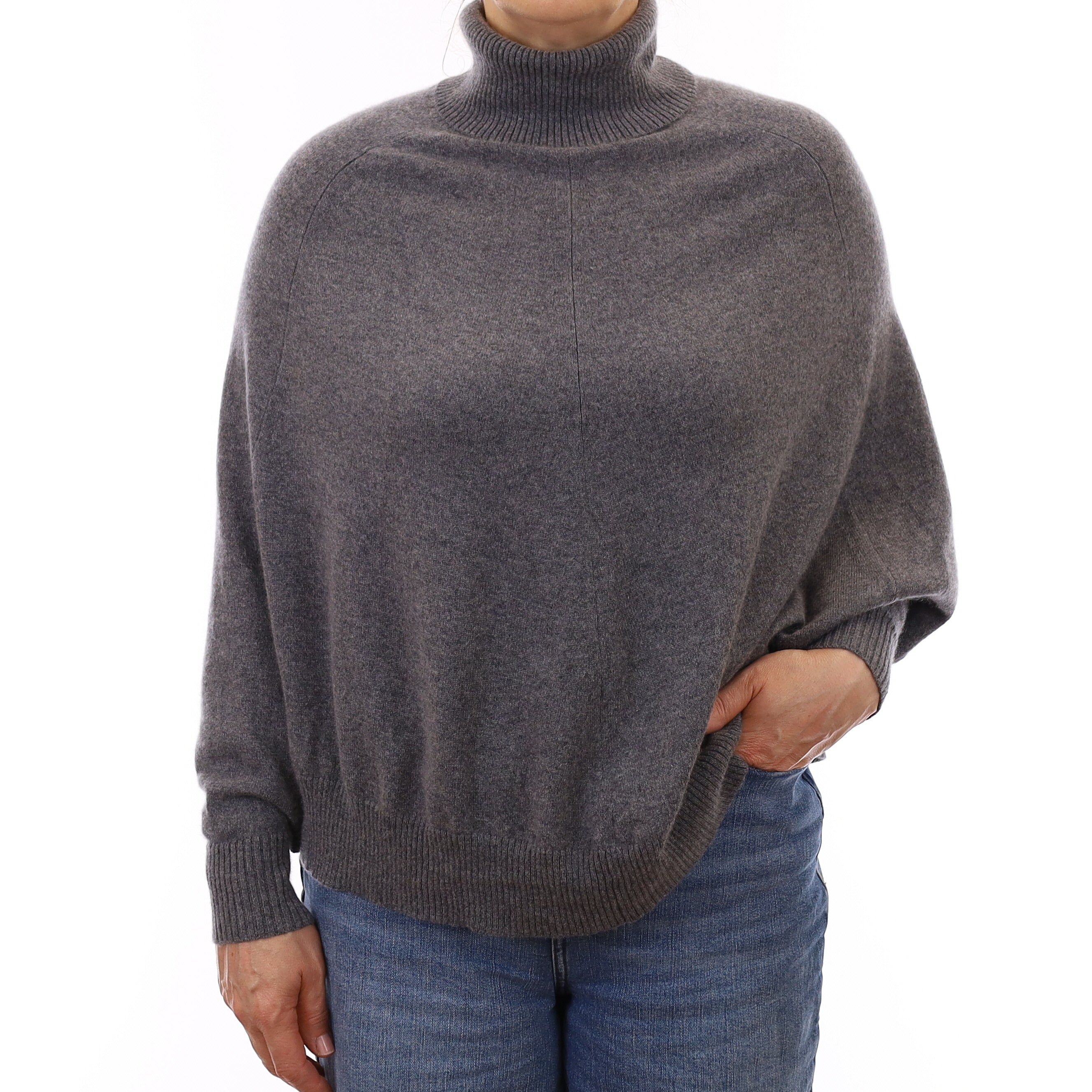 Ash Grey Cashmere Cape Style Polo Neck Jumper Medium