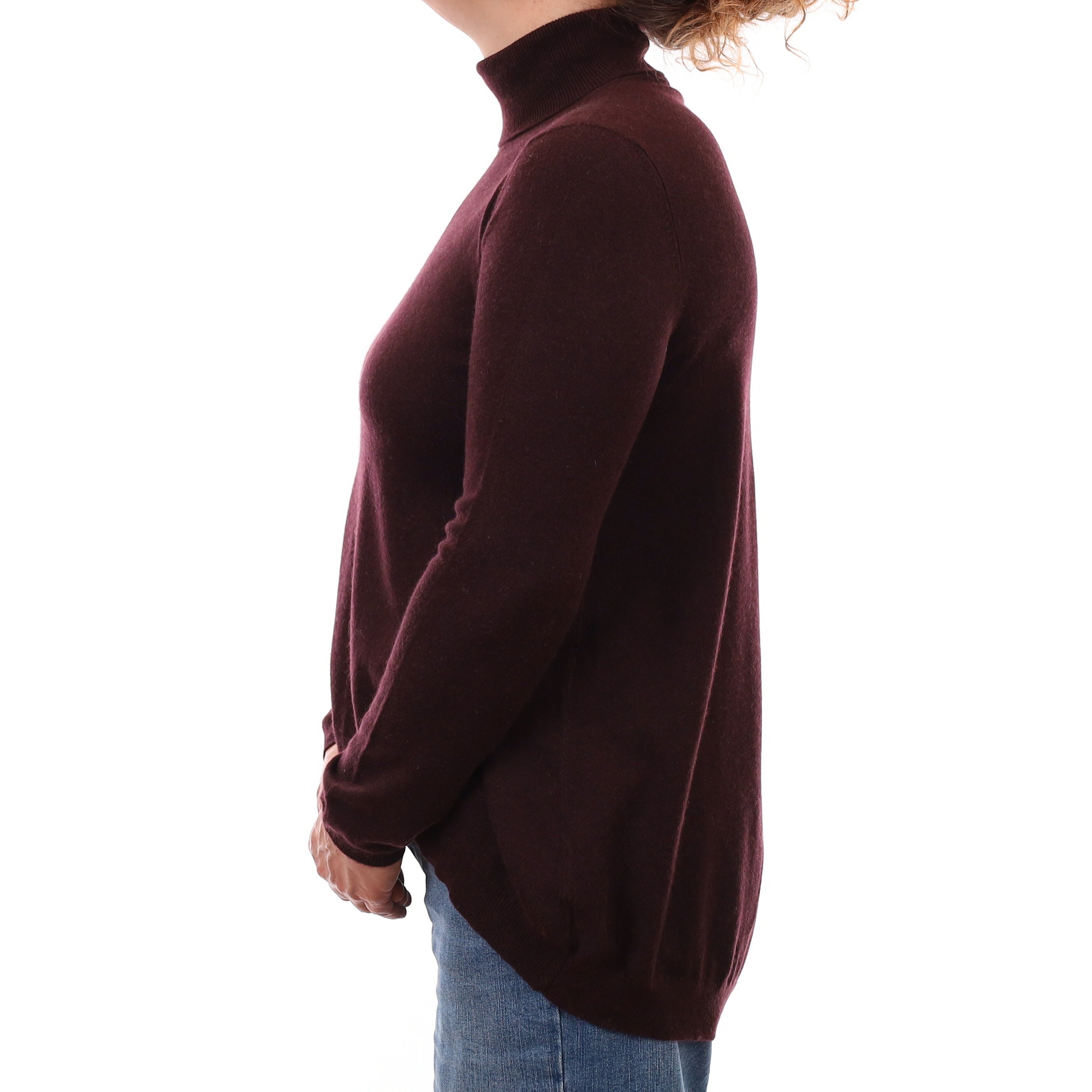 Aubergine Brown Cashmere Scooped Hem Polo Neck Jumper Medium