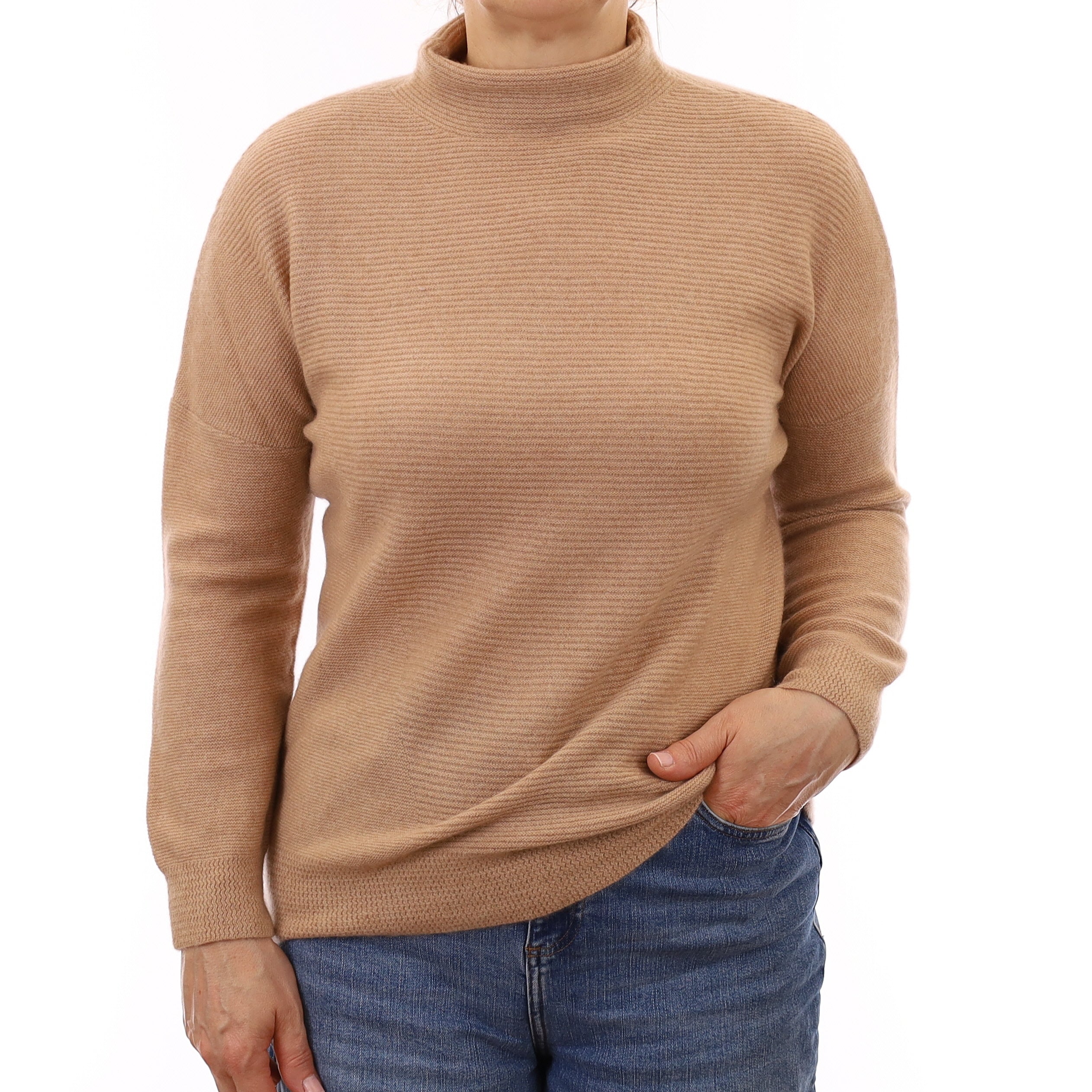 Caramel Rib Cashmere Batwing Funnel Neck Jumper Medium